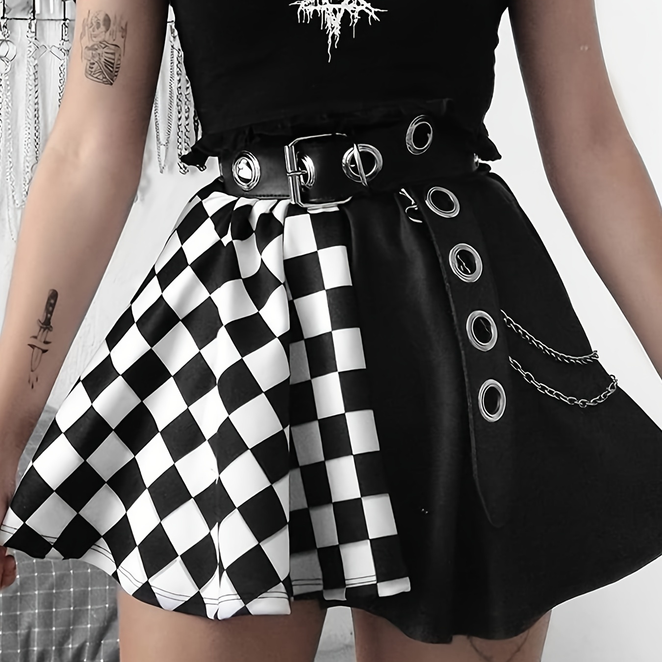 Chessboard Print Splicing Skirts Gothic Ruched Punk Mini Skirts Women's ...