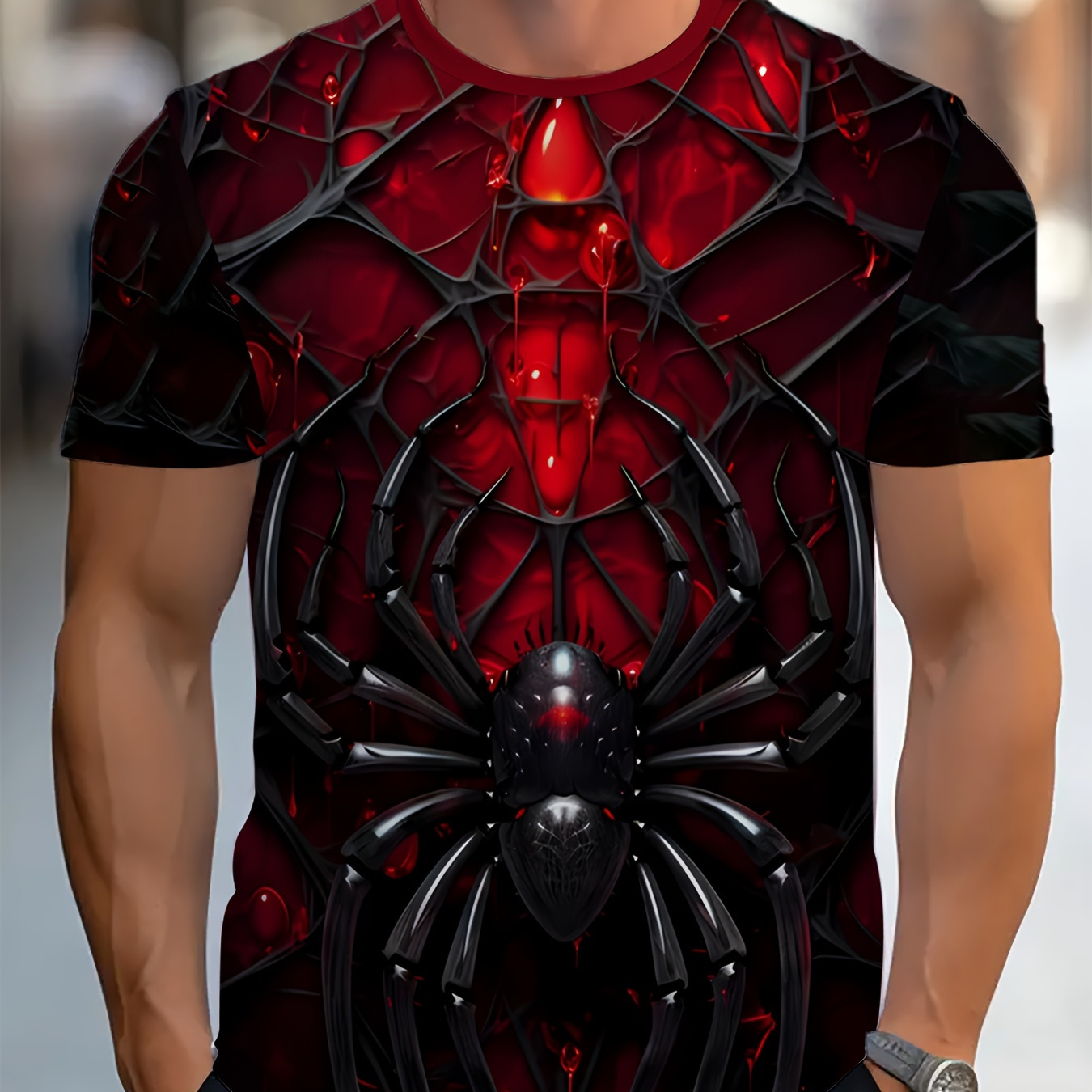 

1pc Men's 3d Spider Suit Print T-shirt - Casual Crew Neck Polyester Knit Fabric, Geometric Pattern, Tee, Summer, Stretch