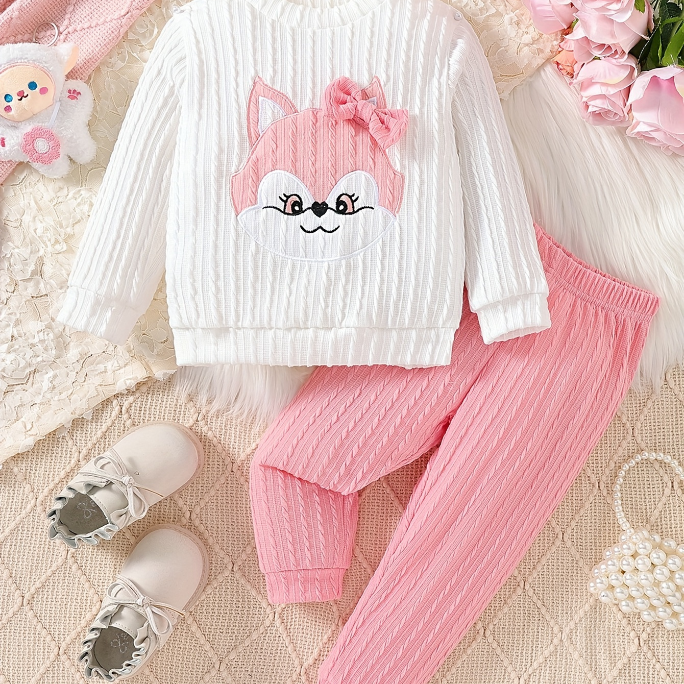 

Cute Baby Girls Cartoon Fox Bow Embroidery Long Sleeve Sweatshirt Top + Solid Color Trousers 2pcs Casual Set