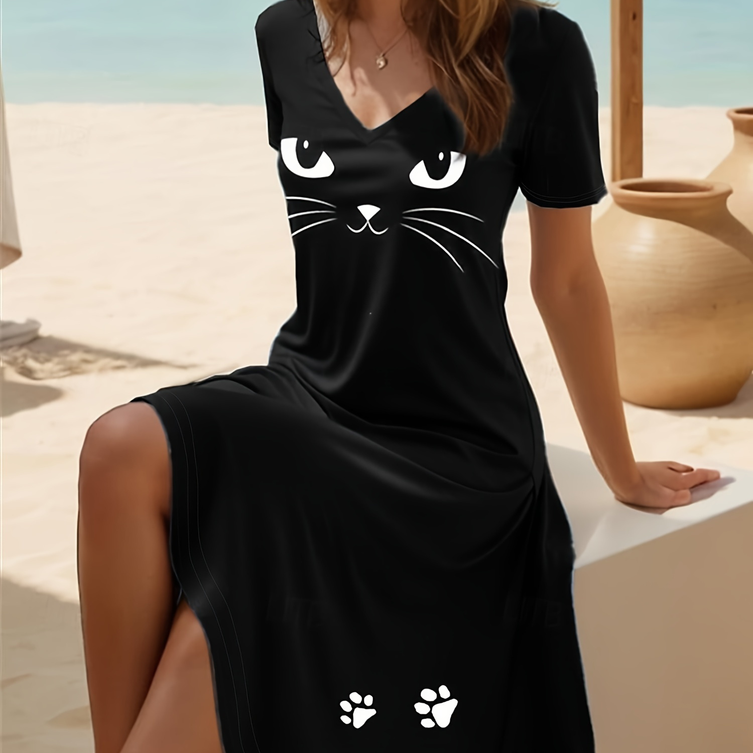 

Cat Print V-neck Dress, Casual Short Sleeve Dress For Summer & Spring, Women's Clothing