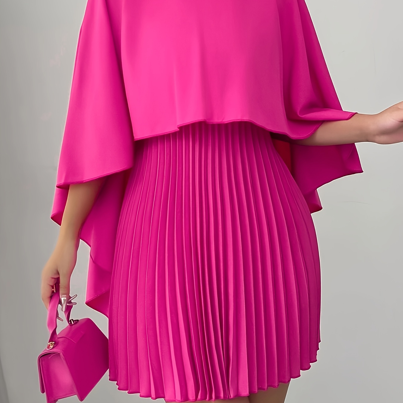 

Elegant Pleated Cape-style Mini Dress For Women - High Neck, Solid Color, Polyester, Machine Washable, European And , Romantic