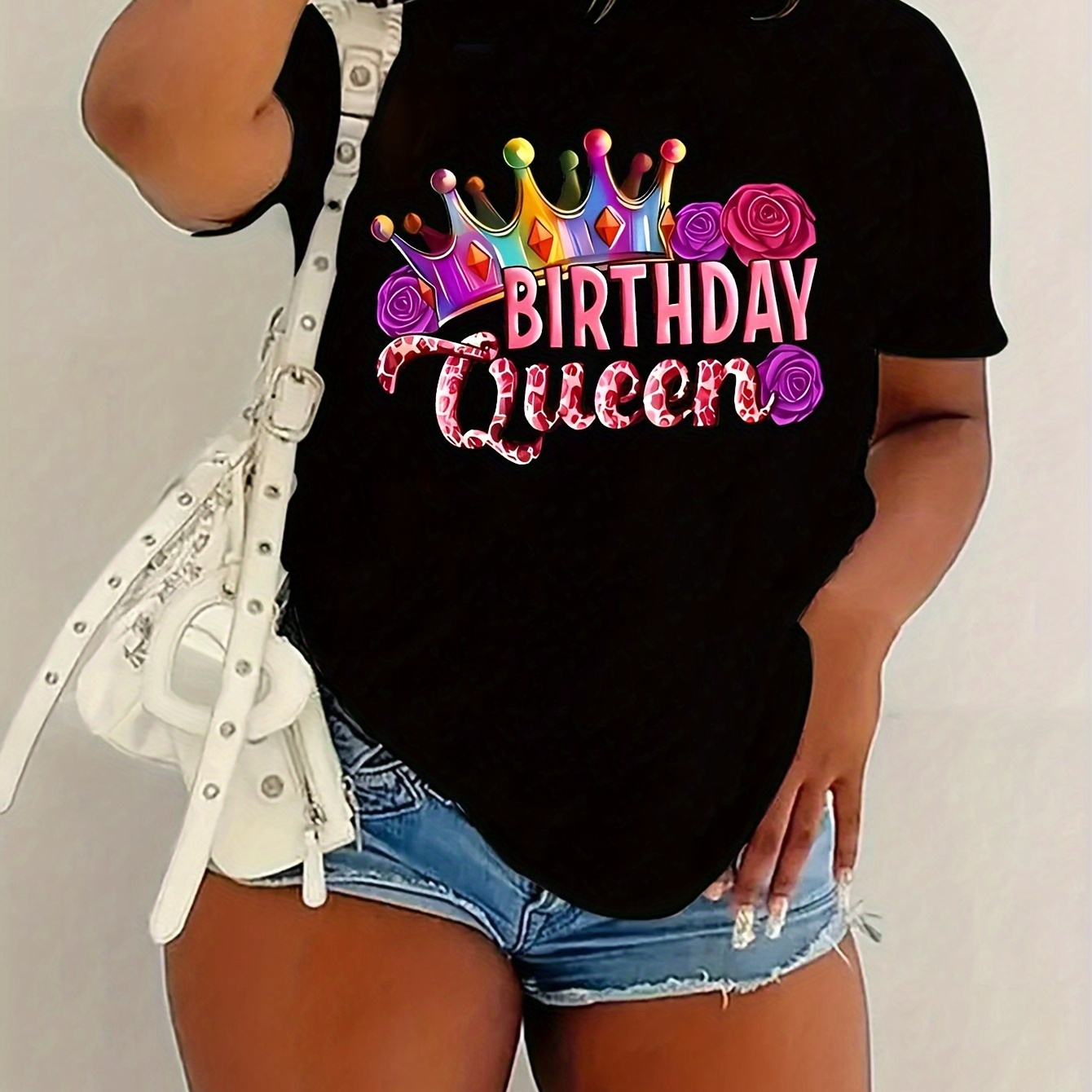 

Plus Size Birthday Queen Print T-shirt, Casual Crew Neck Short Sleeve T-shirt, Women's Plus Size clothing