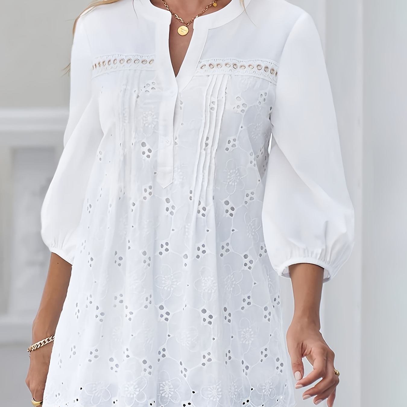 

Plus Size Solid Embroidery Eyelet Blouse, Vacation Notched Neck 3/4 Sleeve Blouse For Spring & Summer, Women's Plus Size Clothing