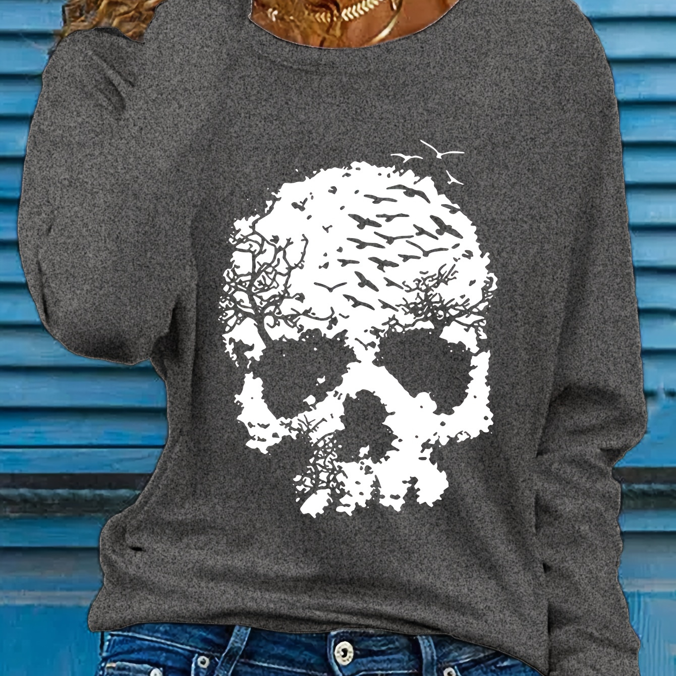 

's Long T- Halloween Skull - , , Washable - For & Fall