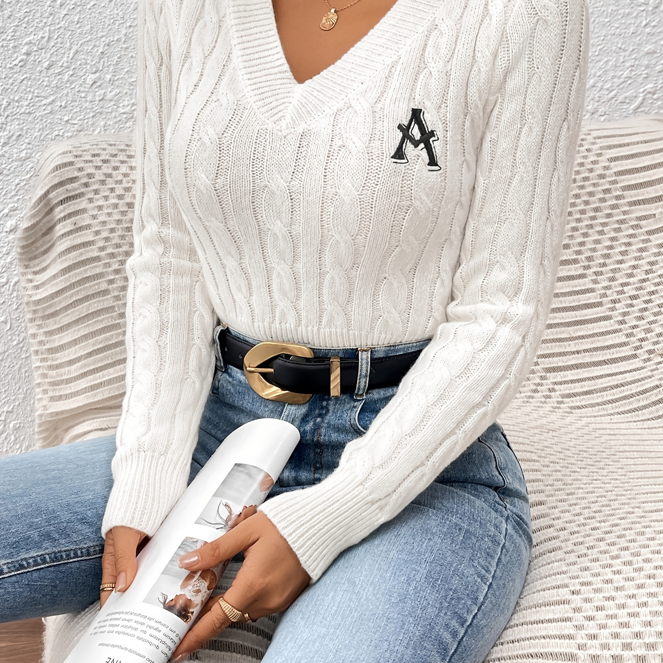 

Letter Pattern Cable Knit V Neck Sweater, Elegant Slim-fit Long Sleeve Sweater For Fall & Winter, Women's Clothing