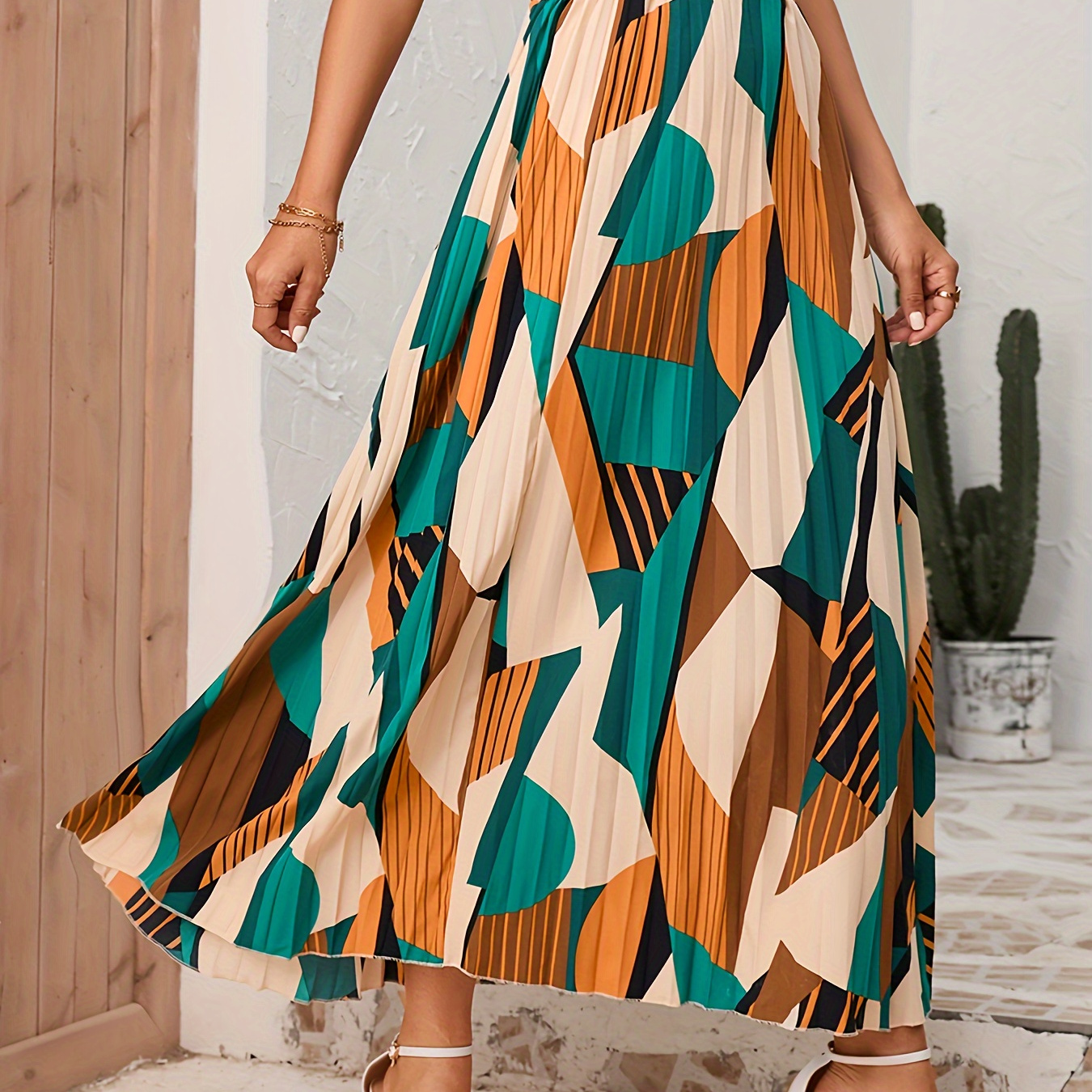 Geo Print Pleated Skirts Casual High Waist Maxi Skirts - Temu