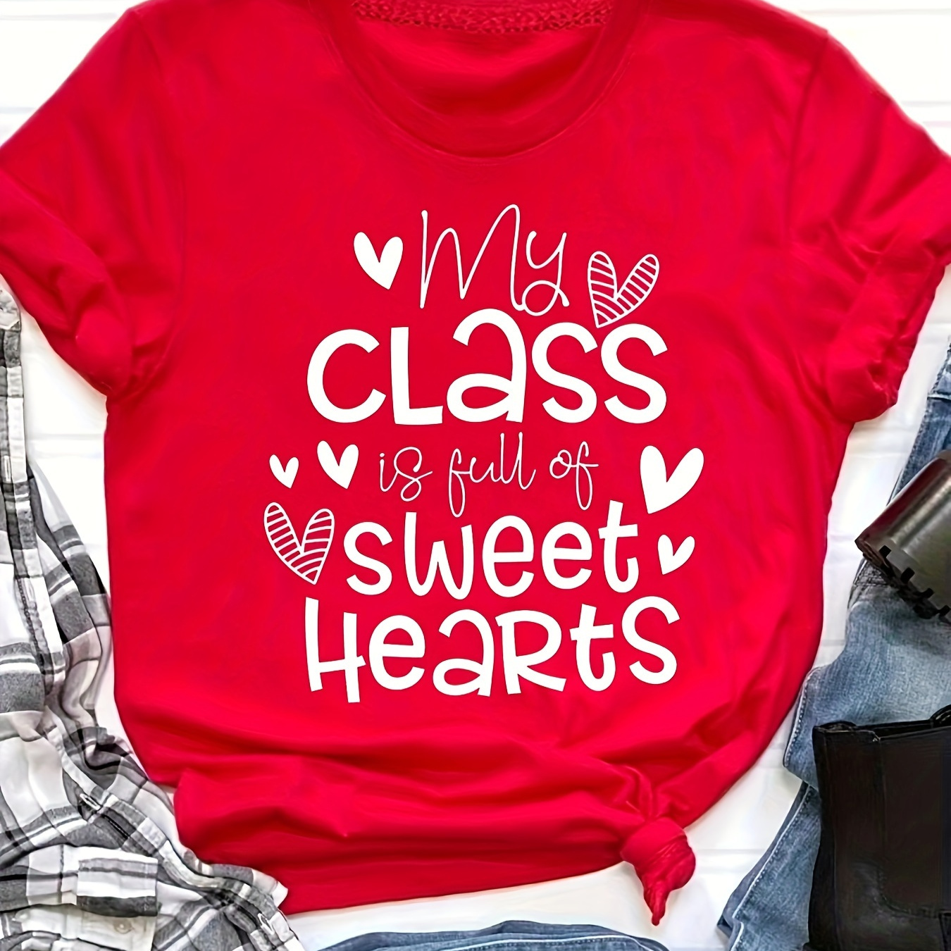 

Letter & Heart Print T-shirt, Casual Short Sleeve Crew Neck Top For Spring & Summer, Women's Clothing