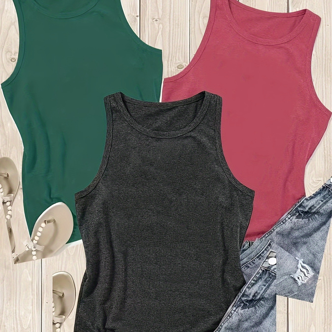 

3 Pack Solid Crew Neck Tank Top, Casual Sleeveless Tank Top For Spring & Summer, Women's Clothing