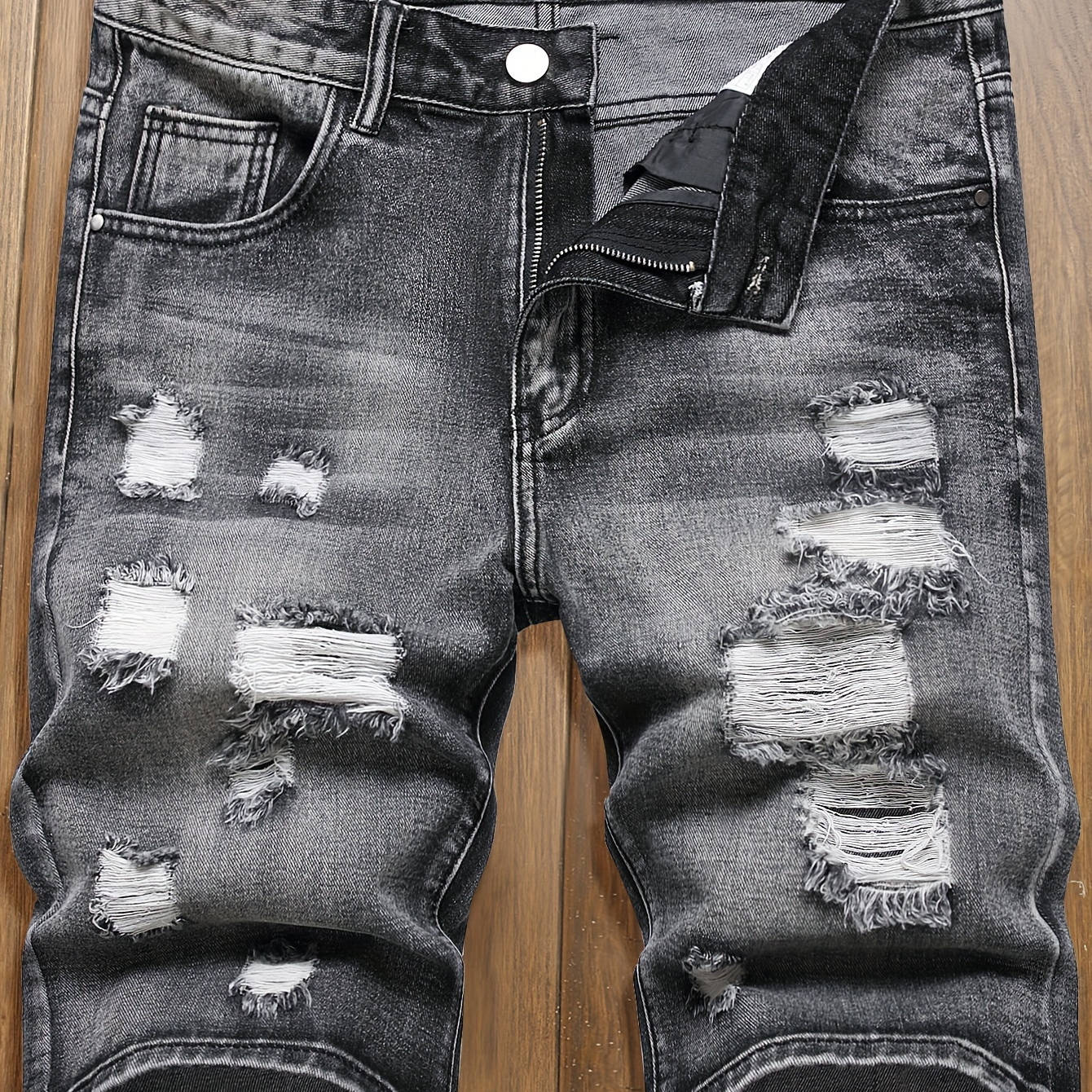 

Chic Ripped Denim Shorts, Men's Casual Street Style Distressed Straight Leg Shorts For Summer Jorts
