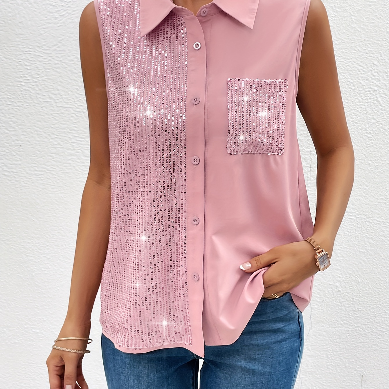 

Sequin Splicing Button Front Shirt, Elegant Sleeveless Lapel Shirt For Spring & Summer, Women's Clothing