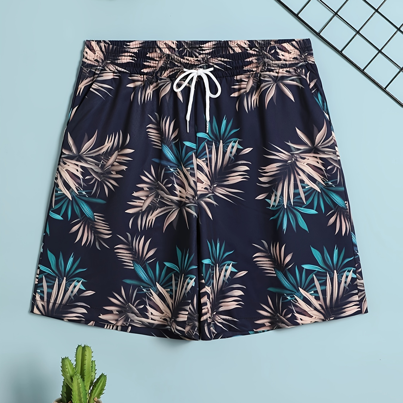 

Men's Trendy Leaf Pattern Print Active Shorts, Drawstring Beach Shorts For Summer Beach Resort, Hawaiian Shorts