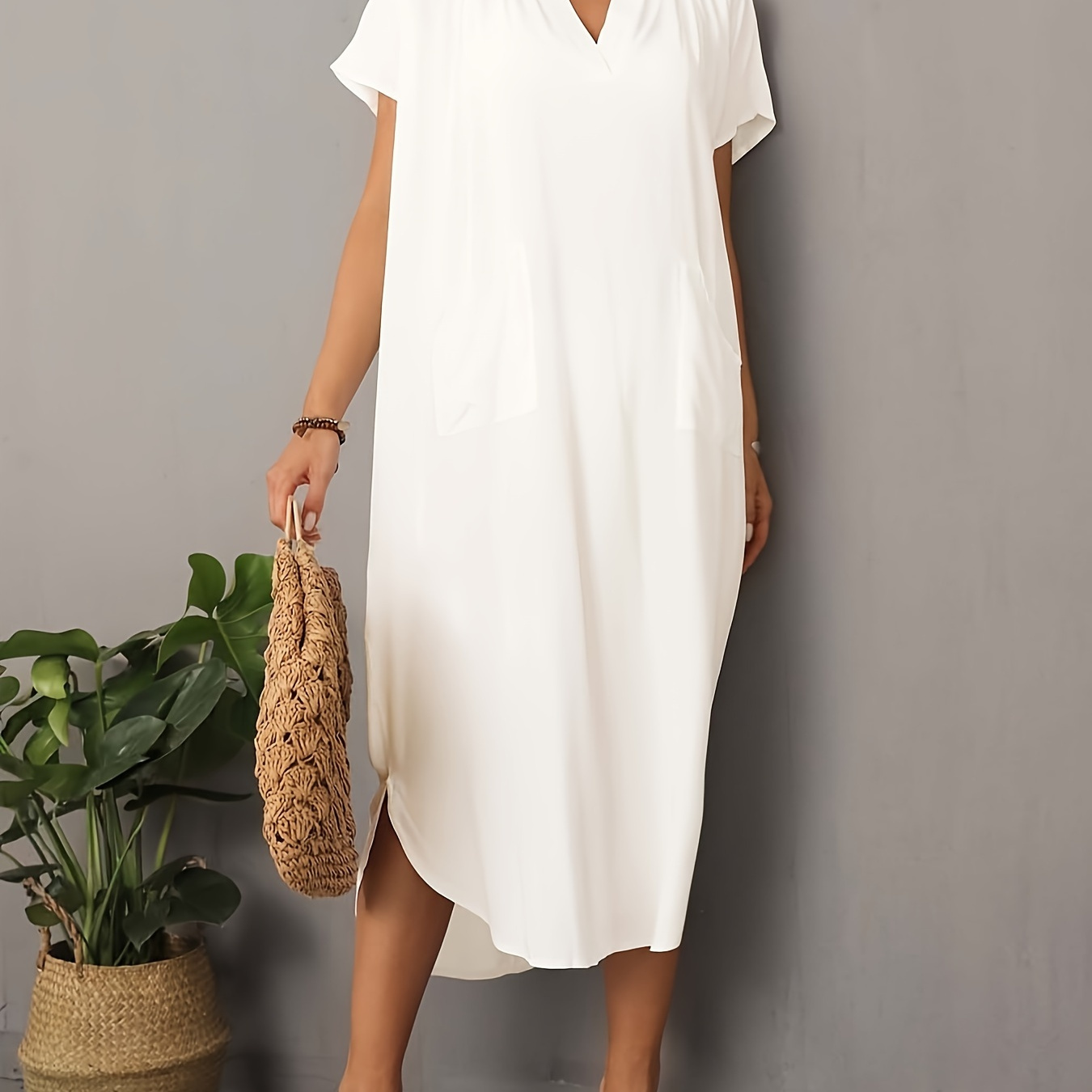 

Solid Color V Neck Loose Dress, Casual Short Sleeve Midi Coverup Dress With Pocket, Women's Clothing