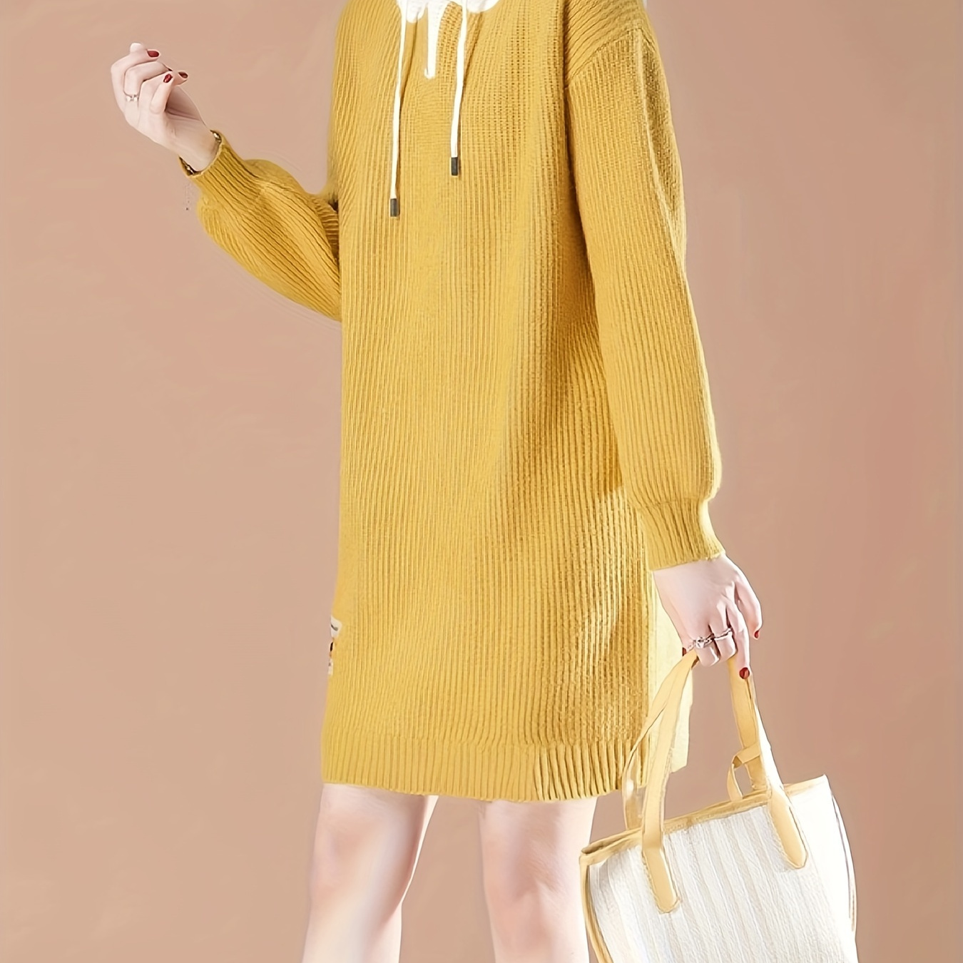 

Elegant Hooded Sweater Dress For Women - 2024 New Knit Fabrics Polyester 100%, Solid Color Tunic With Drawstring Detail, Knitted Long Sleeve Pullover Dress