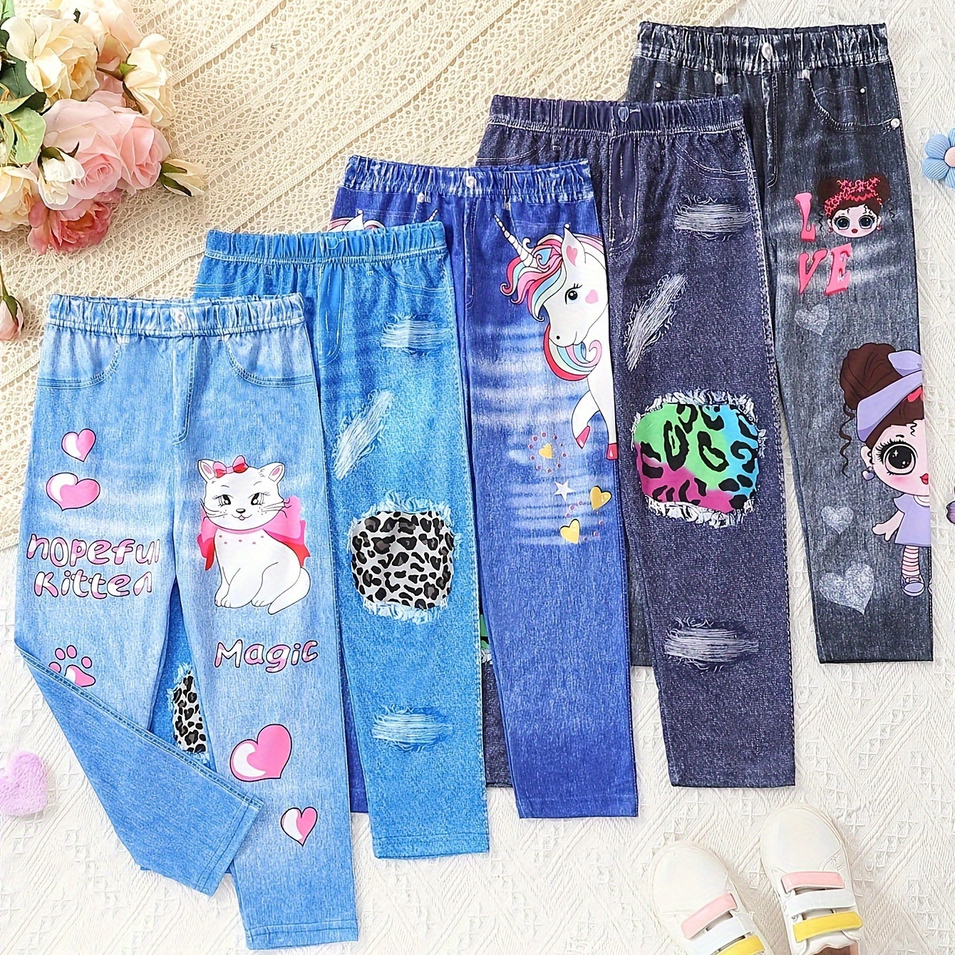 

Girls 5pcs/set Trendy & Casual & Soft Allover Imitation Denim Print Pants For Spring & Fall