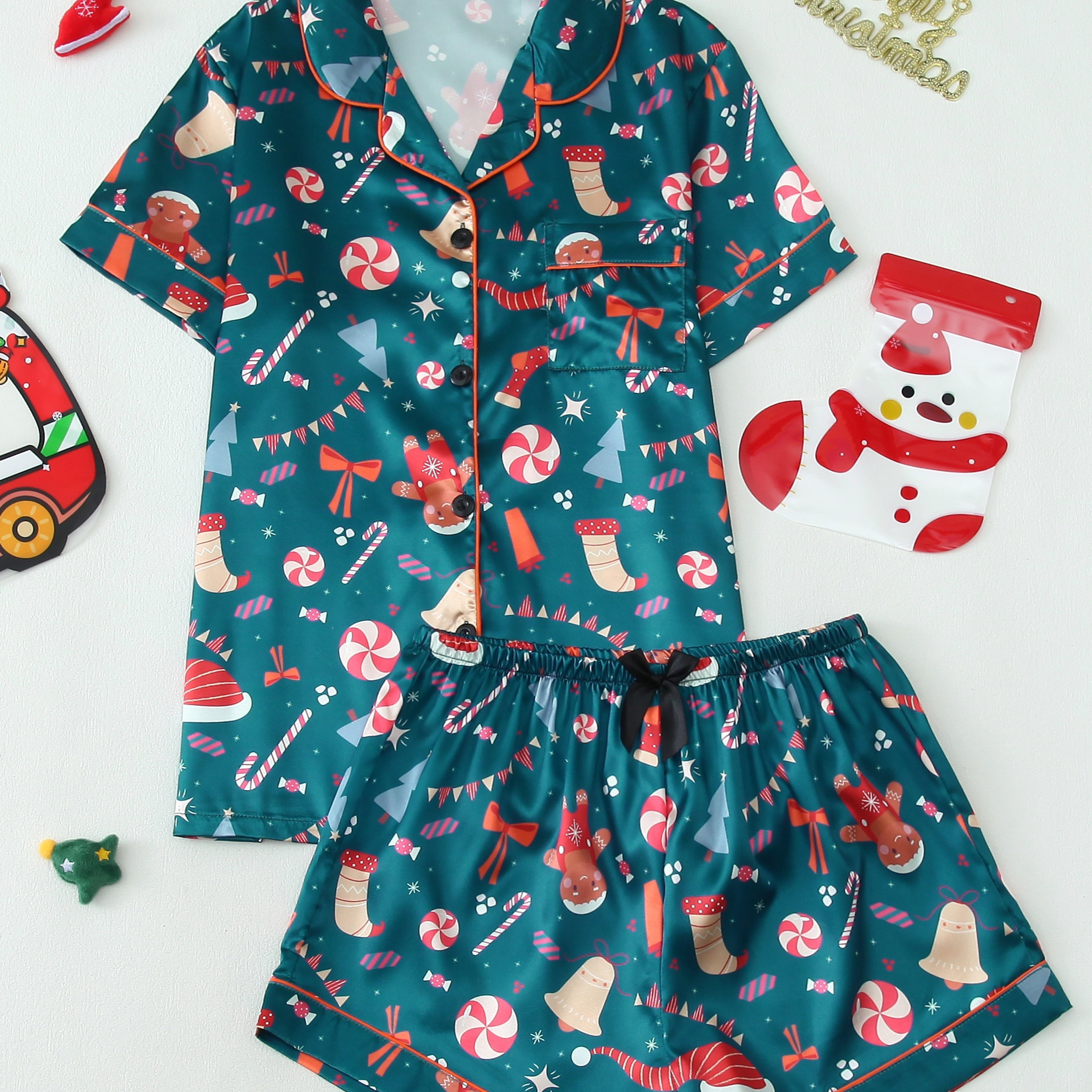 

Cozy Christmas-themed Teen Pajama Set - Soft Polyester, Machine Washable, Lapel Collar Top & Shorts Combo For All