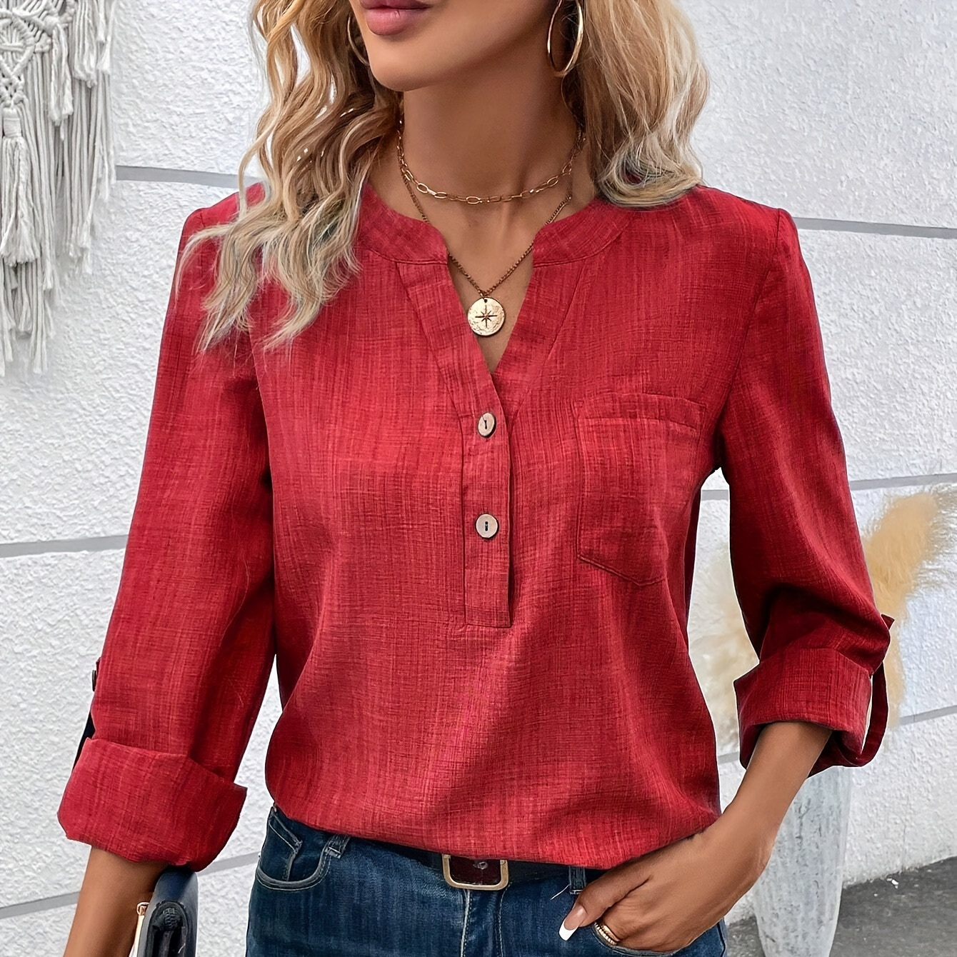 

Notched Neck Button Front Blouse, Casual Long Sleeve Blouse For Spring & Fall, Women's Clothing