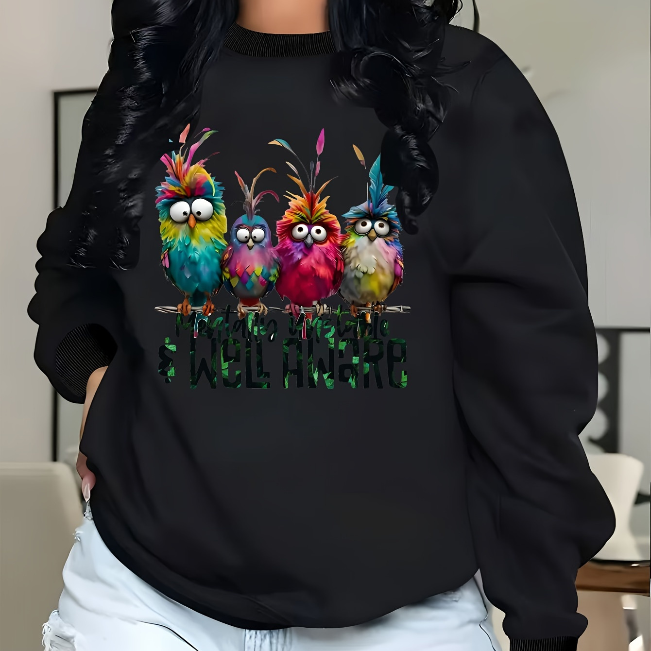 

Cozy Plus Size Women's Sweatshirt With Cartoon Print - Crew Neck, Long Sleeve Pullover For Fall & Winter