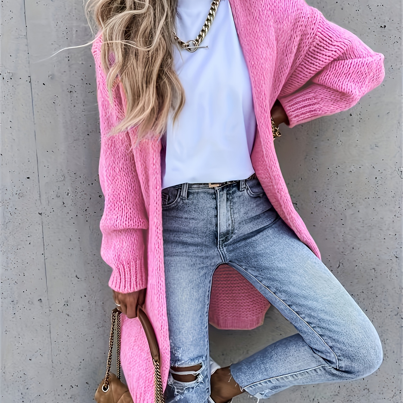 

Solid Color Open Front Cardigan, Versatile Long Sleeve Knit Outwear For Fall & Winter, Women's Clothing