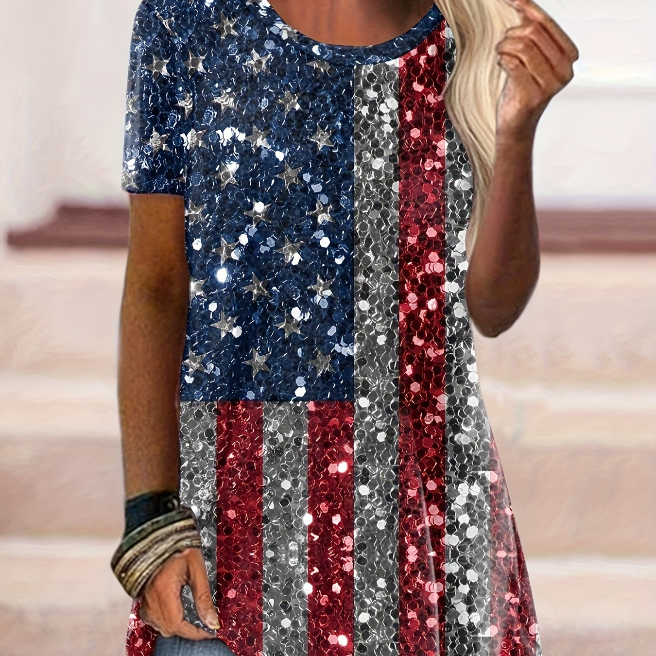 

American Flag Print T-shirt, Vintage Dipped Hem Short Sleeve Independence Day T-shirt, Women's Clothing