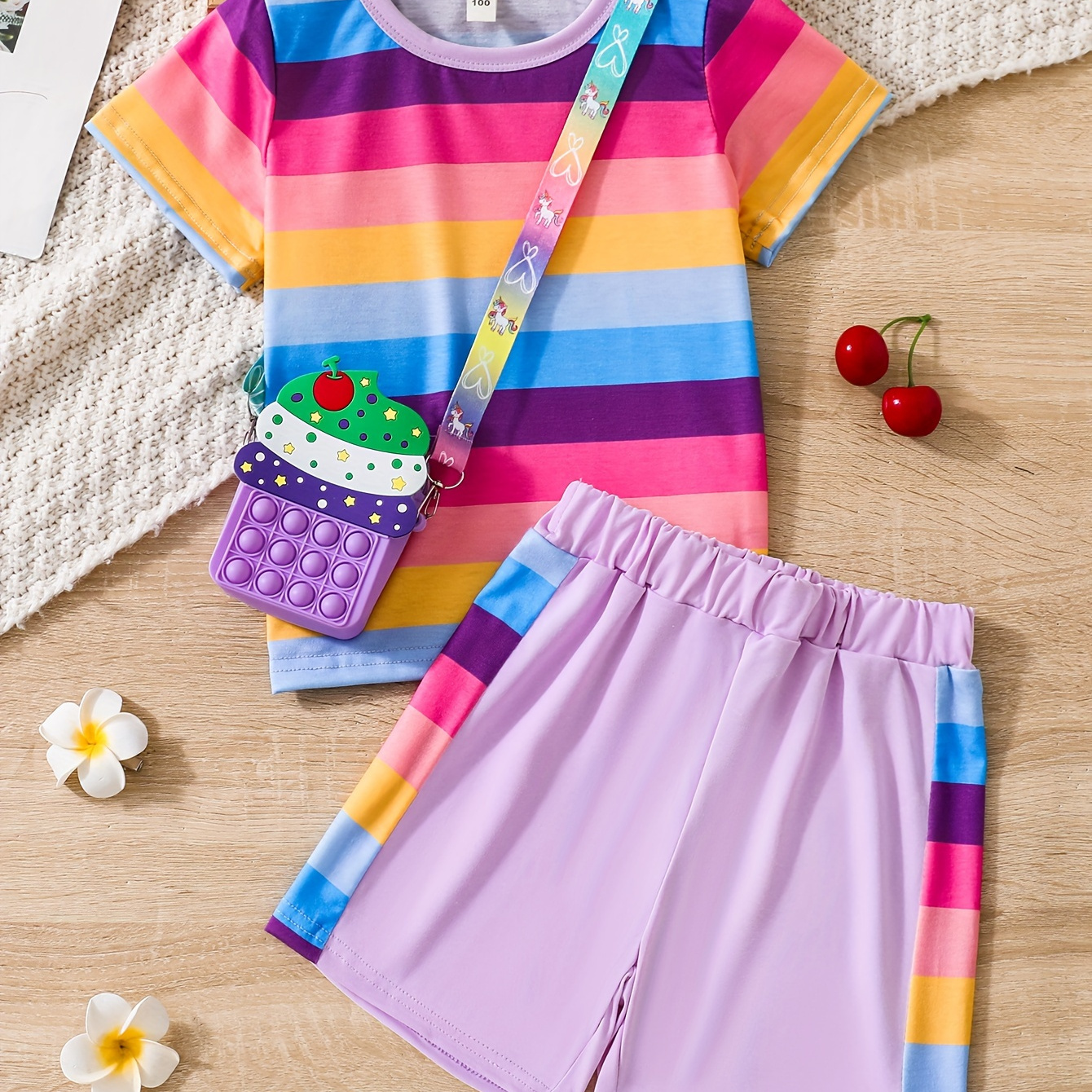 

Girls 2pcs Rainbow Stripped Outfits Short Sleeve T-shirt + Shorts With Bag Set Summer Clothes