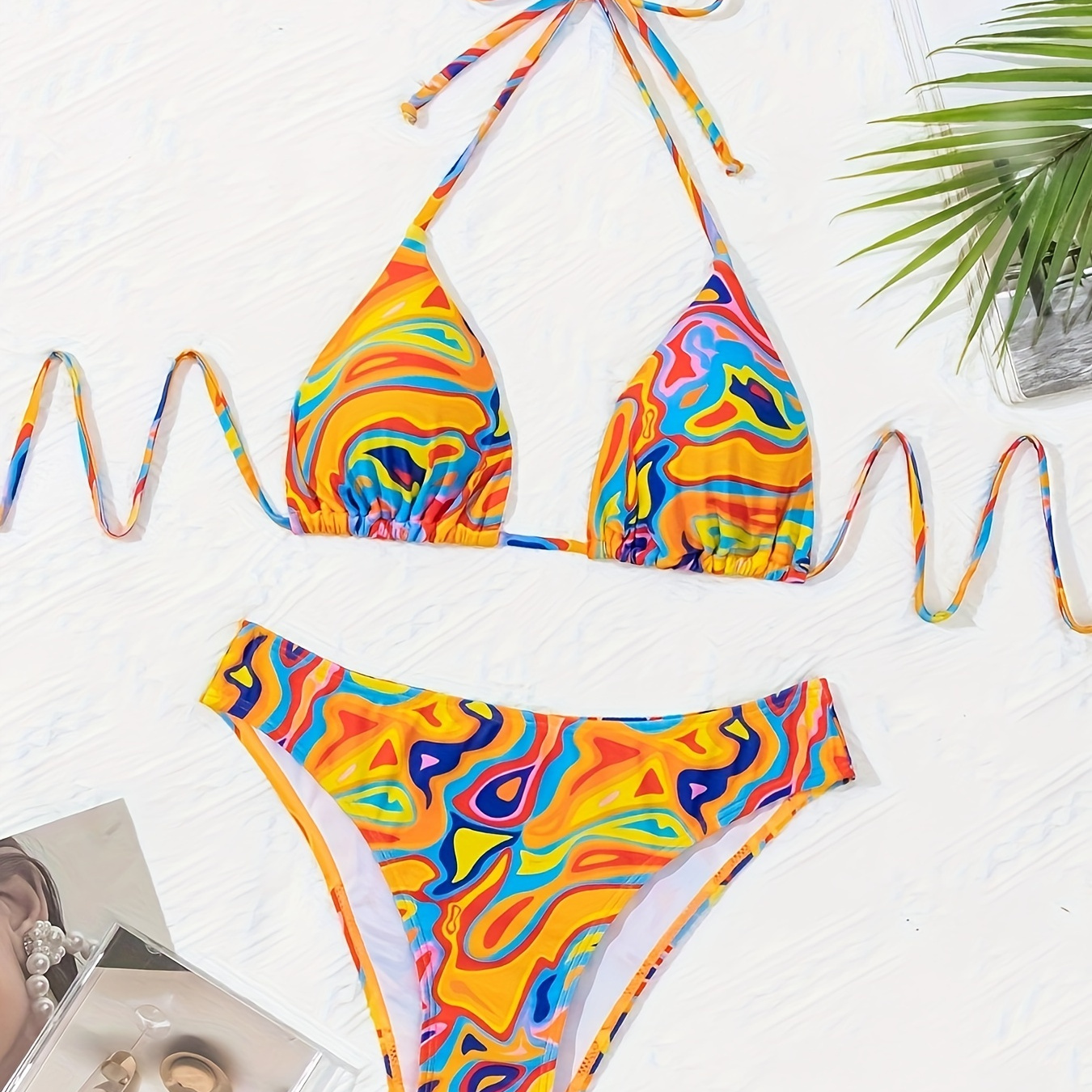 

Multi-color Allover Fluid Print Halter 2 Piece Set Bikini, Triangle Tie Neck Backless Stretchy Swimsuits, Women's Swimwear & Clothing