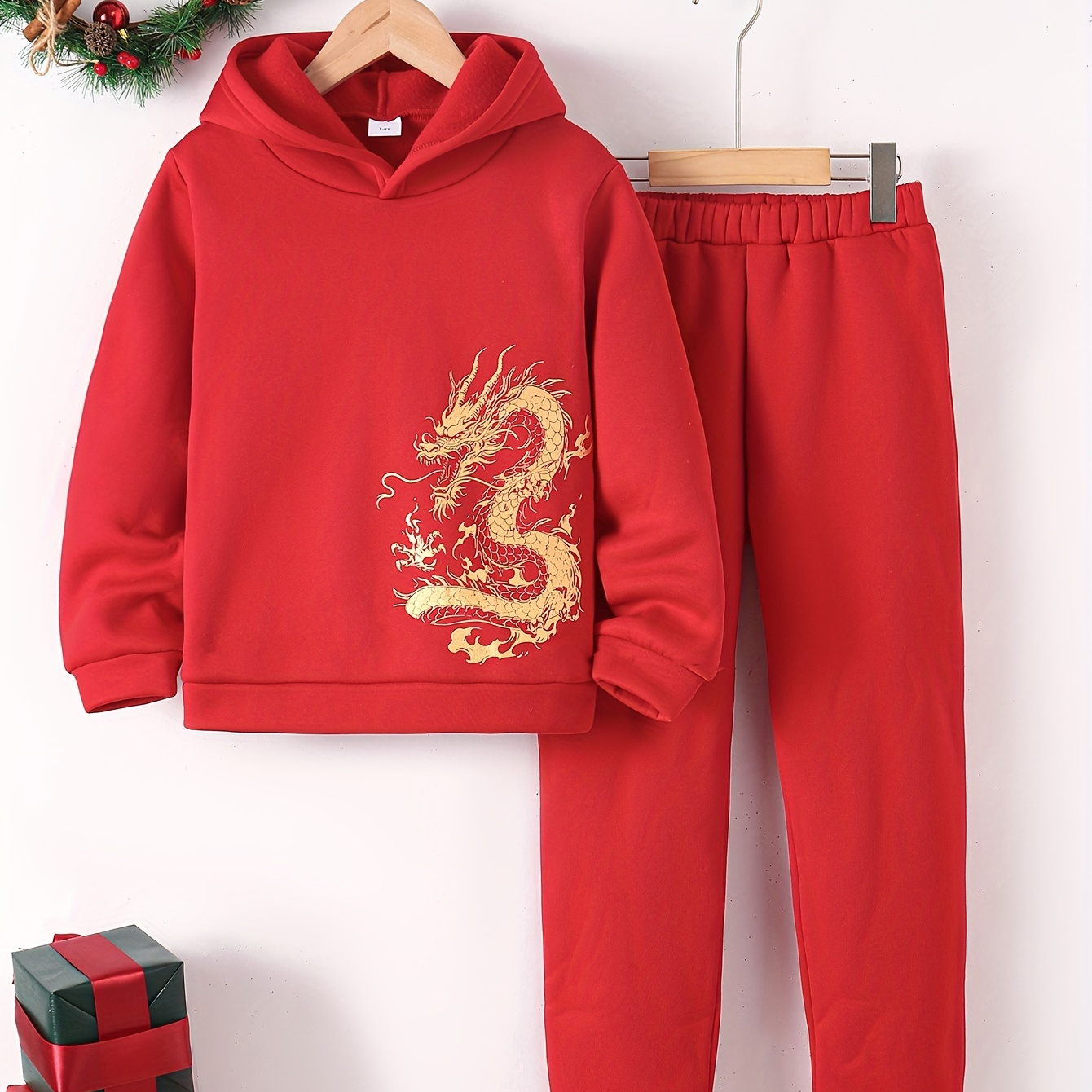 

2pcs Boy's Happy New Year Hoodie Outfits, Casual Dragon Print Hoodies Long Sleeve Pullover Hooded Sweatshirt & Pants Joggers Set