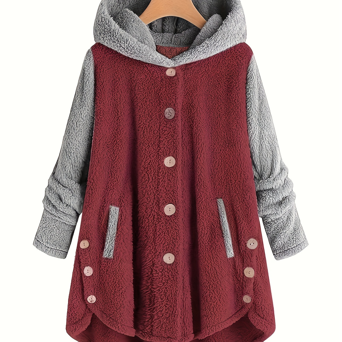 

Plus Size Casual Coat, Women's Plus Colorblock Long Sleeve Button Up Hooded Teddy Coat