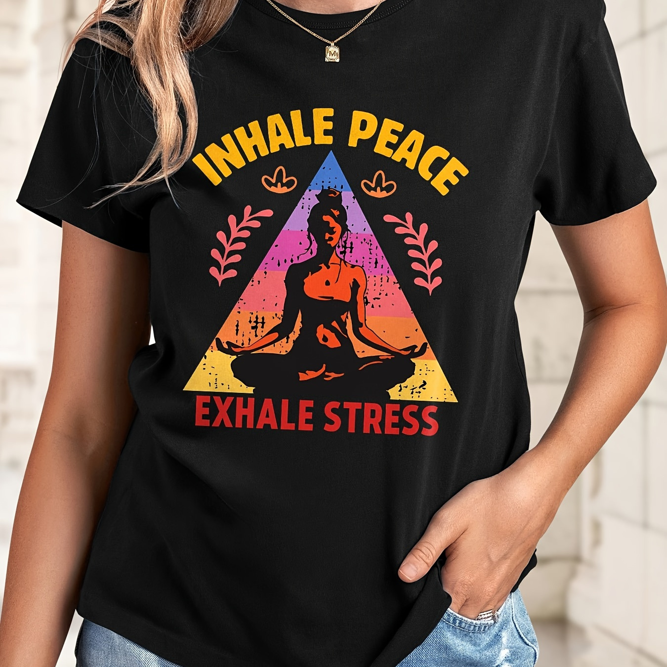 

Inhale Peace Exhale Stress Yoga Women Print Round Neck T-shirt, Casual Stretch Short Sleeve Sport T-shirt, Women's Clothing