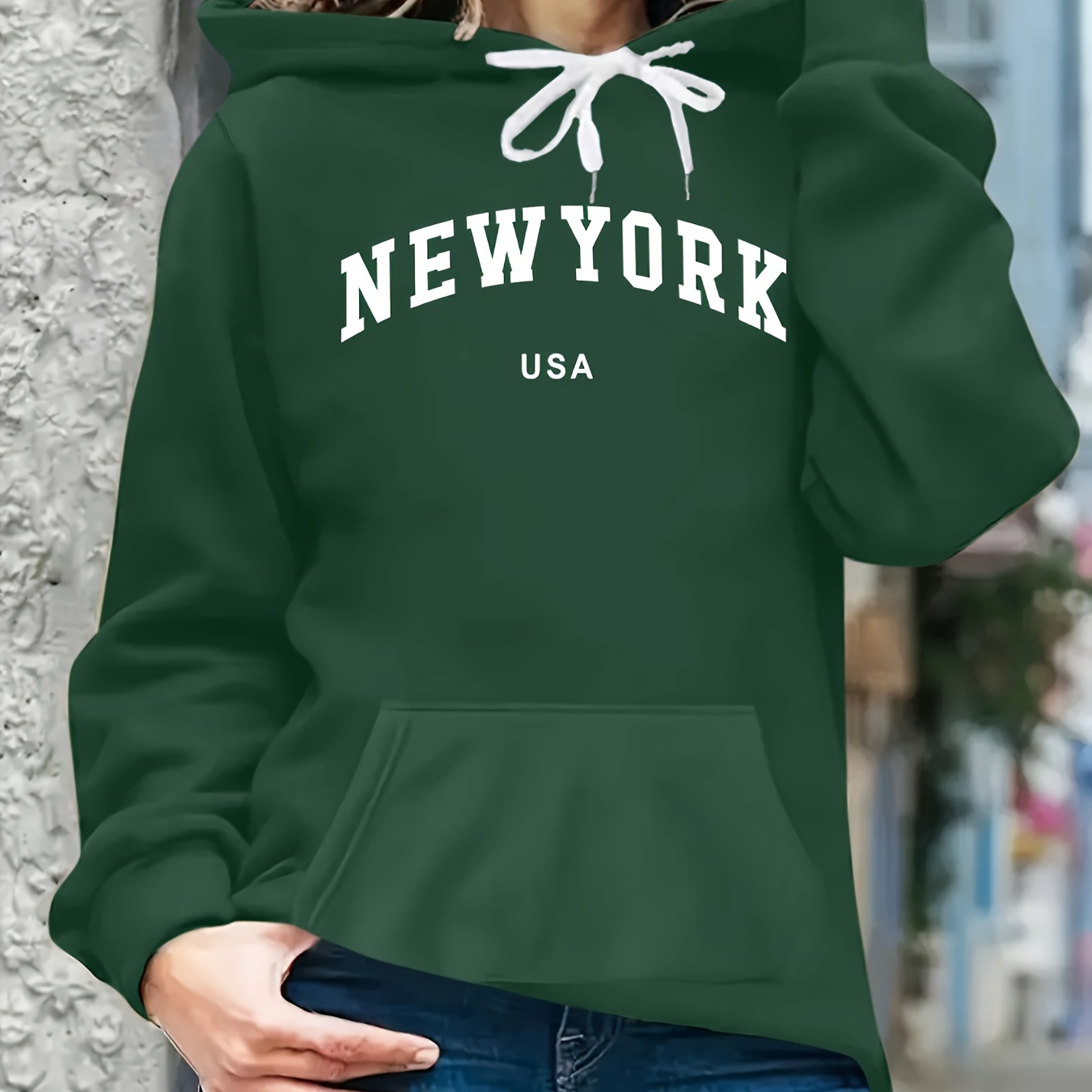 

New York Letter Graphic Casual Hooded Sweatshirt, Long Sleeve Kangaroo Pocket Sports Hoodie, Women's Clothing