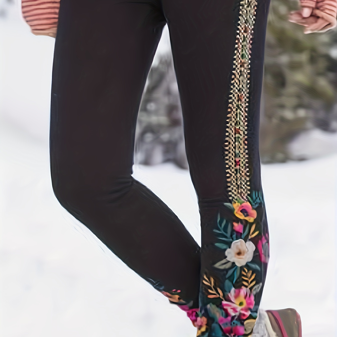 Plus Size Retro Leggings, Women's Plus Floral & Geometric Print Elastic  High * Medium Stretch Leggings