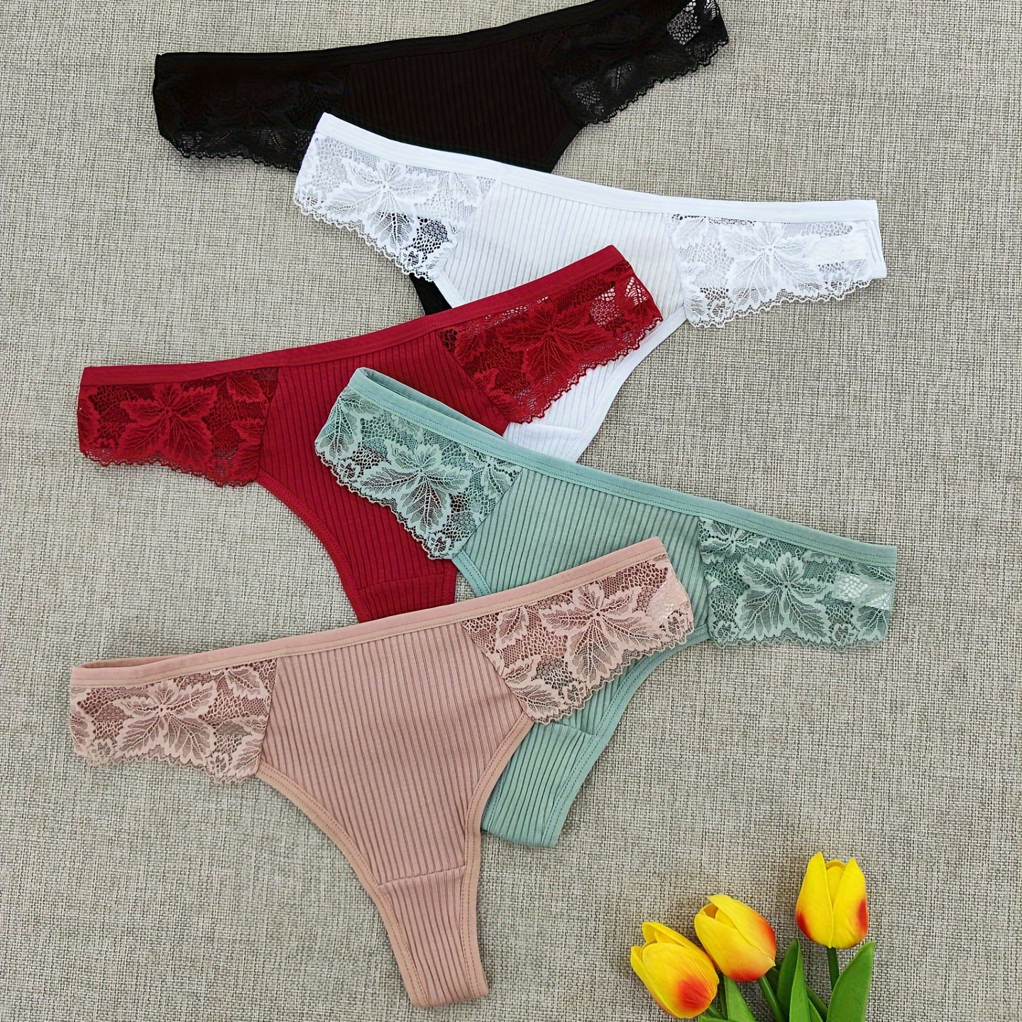 

5pcs Solid Seamless Ribbed Floral Lace Thongs, Sexy Comfy Breathable Stretchy Intimates Panties, Women's Lingerie & Underwear