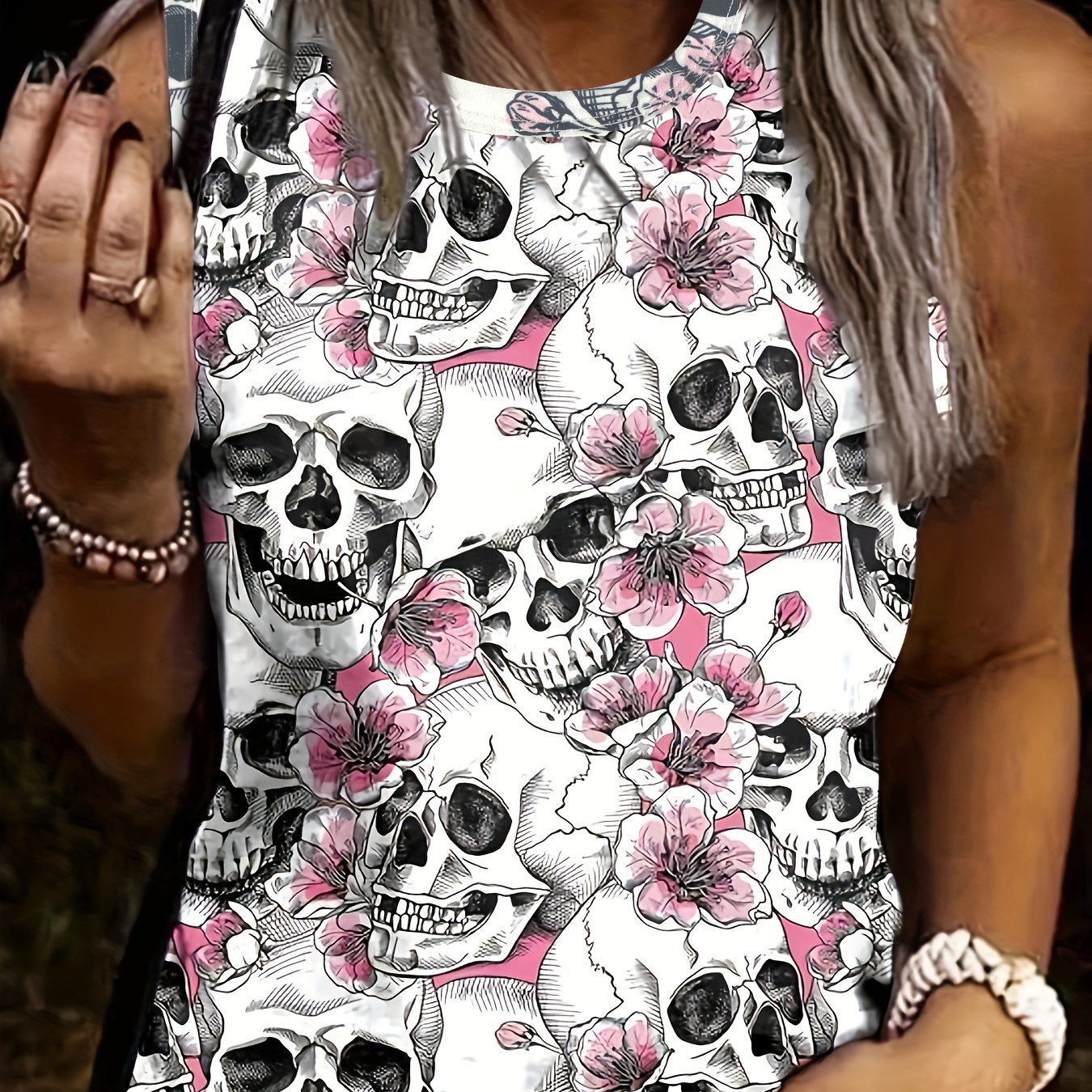 

Skull & Floral Print Tank Top, Casual Crew Neck Tank Top For Summer, Women's Clothing