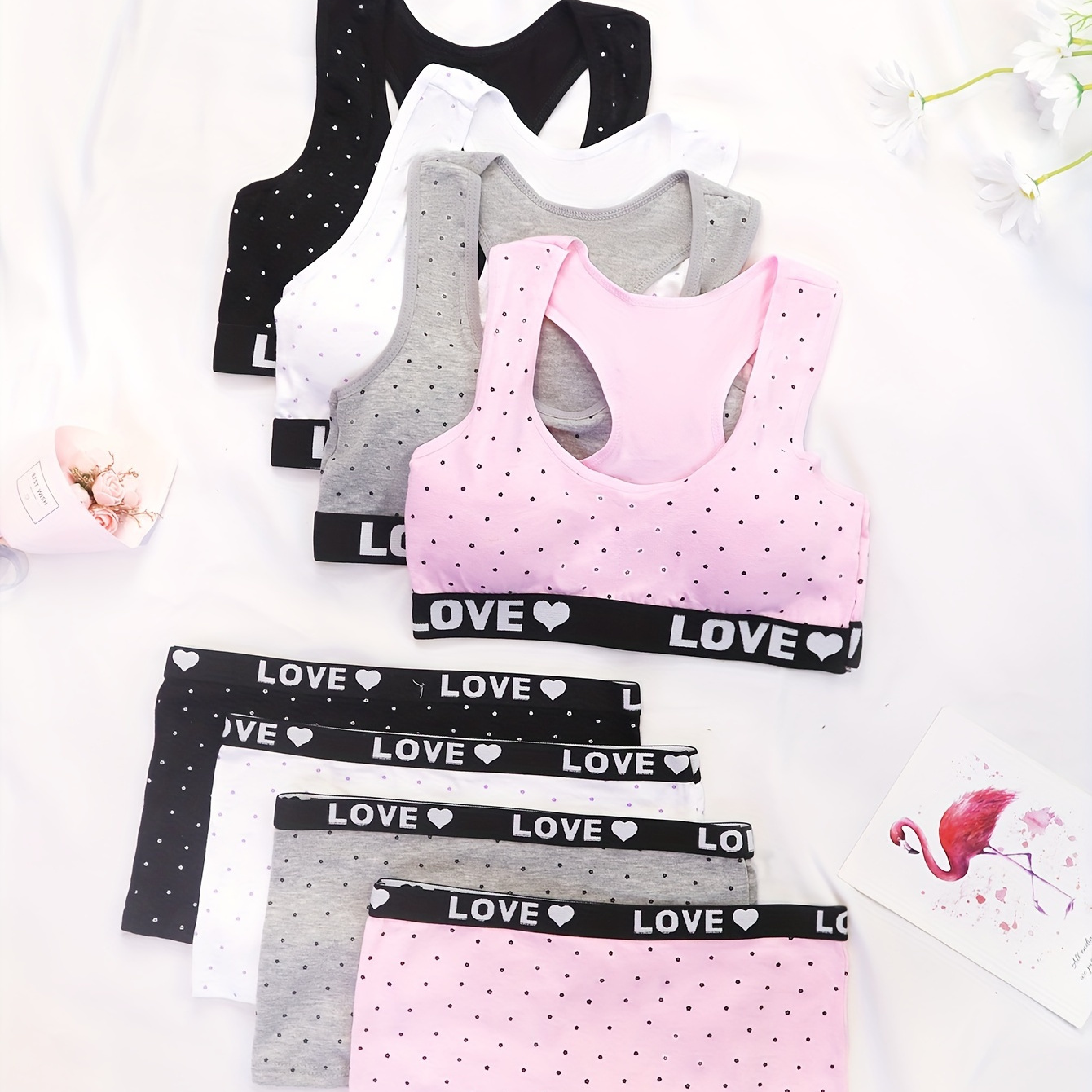 

4 Sets Girl's Cute Polka Dots & Letter Print Training Bra & Boxer Brief, Comfy & Breathable Cotton Underwear Set For 12-14 Years, All Season Wear