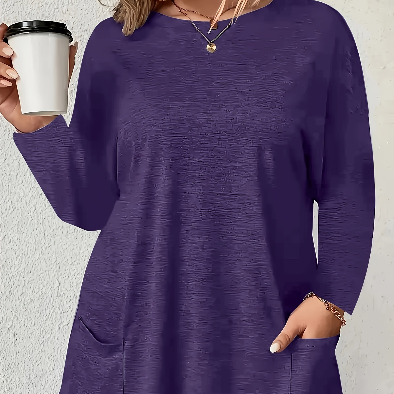 

Casual Long Sleeve Solid Color T-shirt - Relaxed Fit With Pockets, Crew Neck, Polyester , Machine Washable - Casual Attire, Clothing|long Sleeve Tshirt|spandex