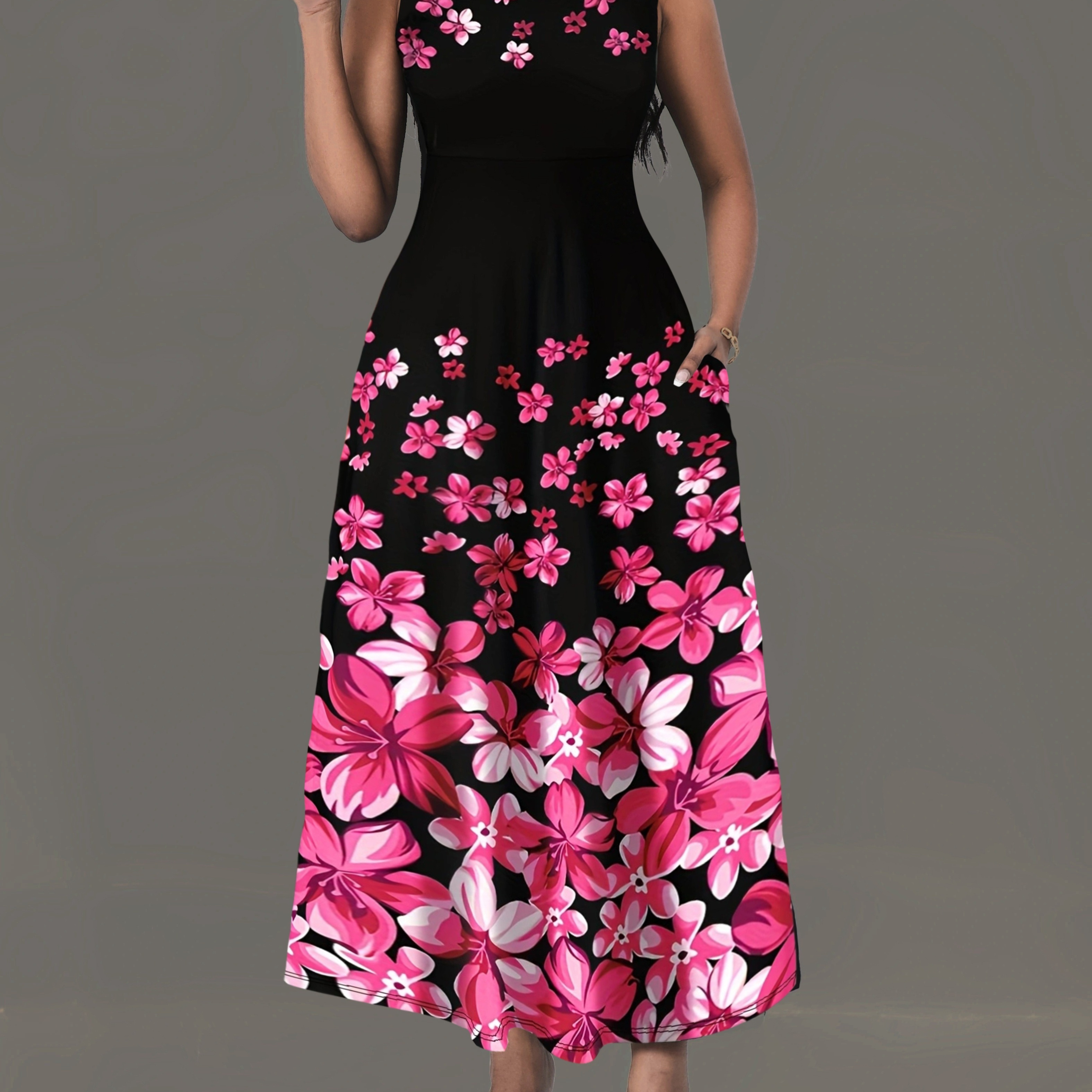

Floral Print Waist Dress, Elegant Sleeveless Crew Neck Below Knee Dress, Women's Clothing