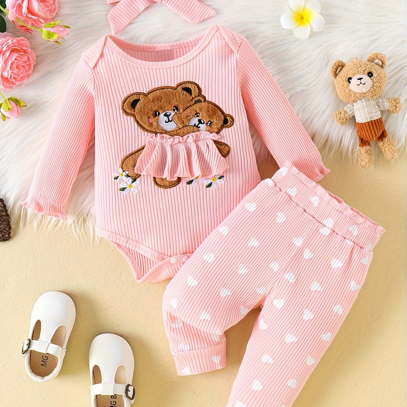 

2pcs 's Adorable Bear Embroidery Ribbed Bodysuit + Hairband + Pattern Pants, Toddler & Infant Girl's Clothing Set For Fall Clothing