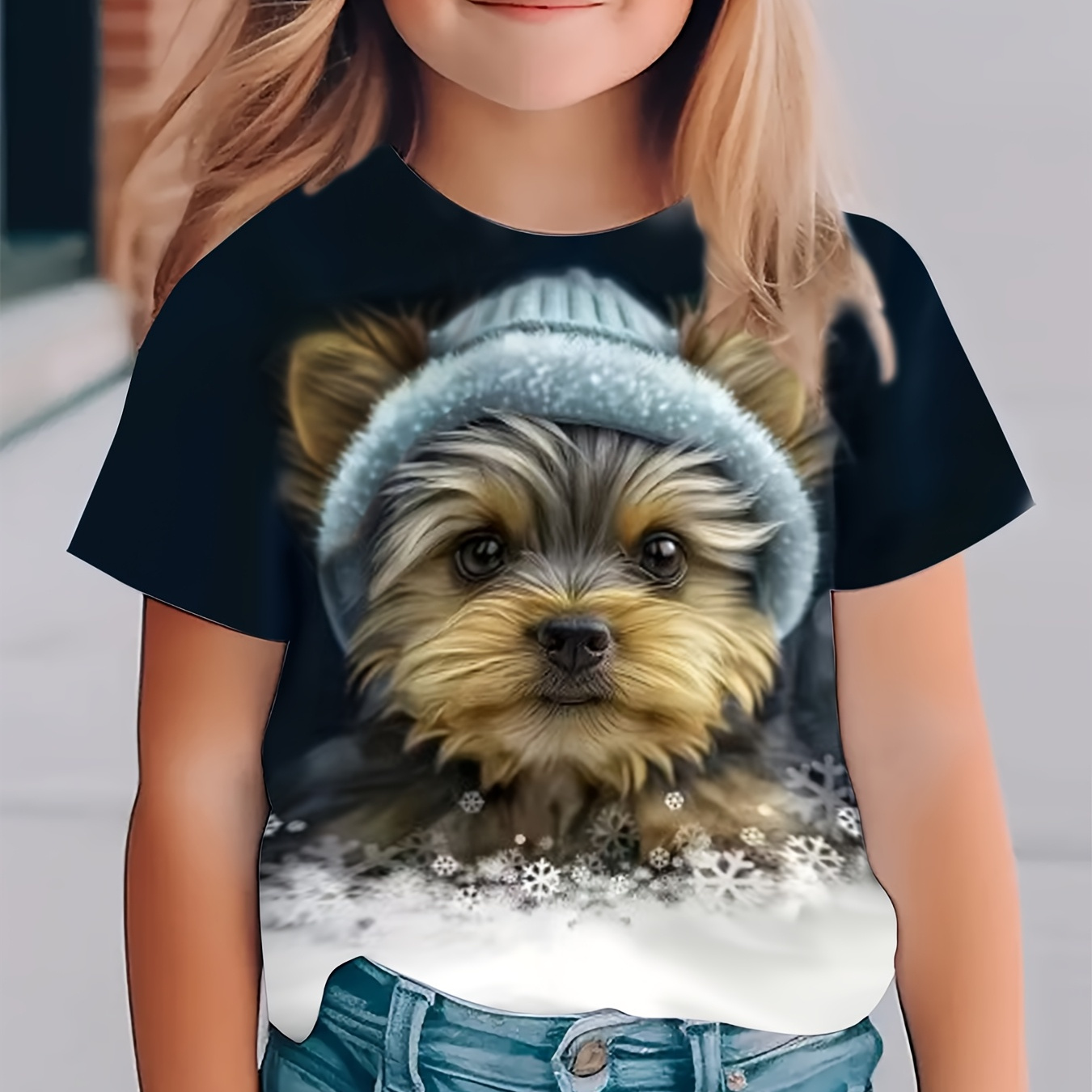 

1pc 3d Yorkie Dog With Hat Print T-shirt, Casual Polyester Crew Neck Top, Breathable Stretch Fabric, Pattern, Loose Tee For Boys And Girls - Summer Collection