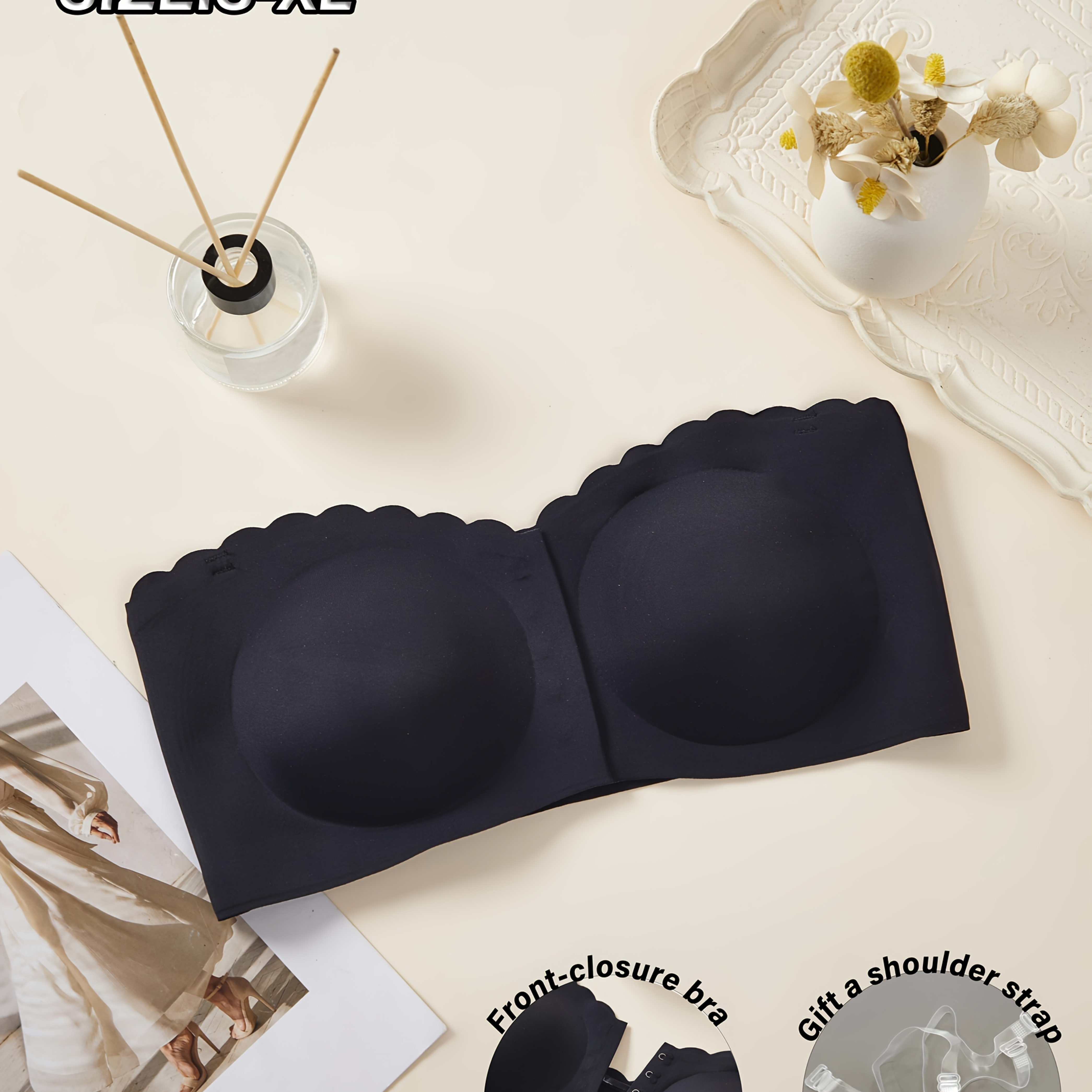 

Invisible , Seamless Strapless Bandeau Bra For Women - Front Closure, Wire-free, Push-up Support With Removable Pads, Quick-dry Nylon