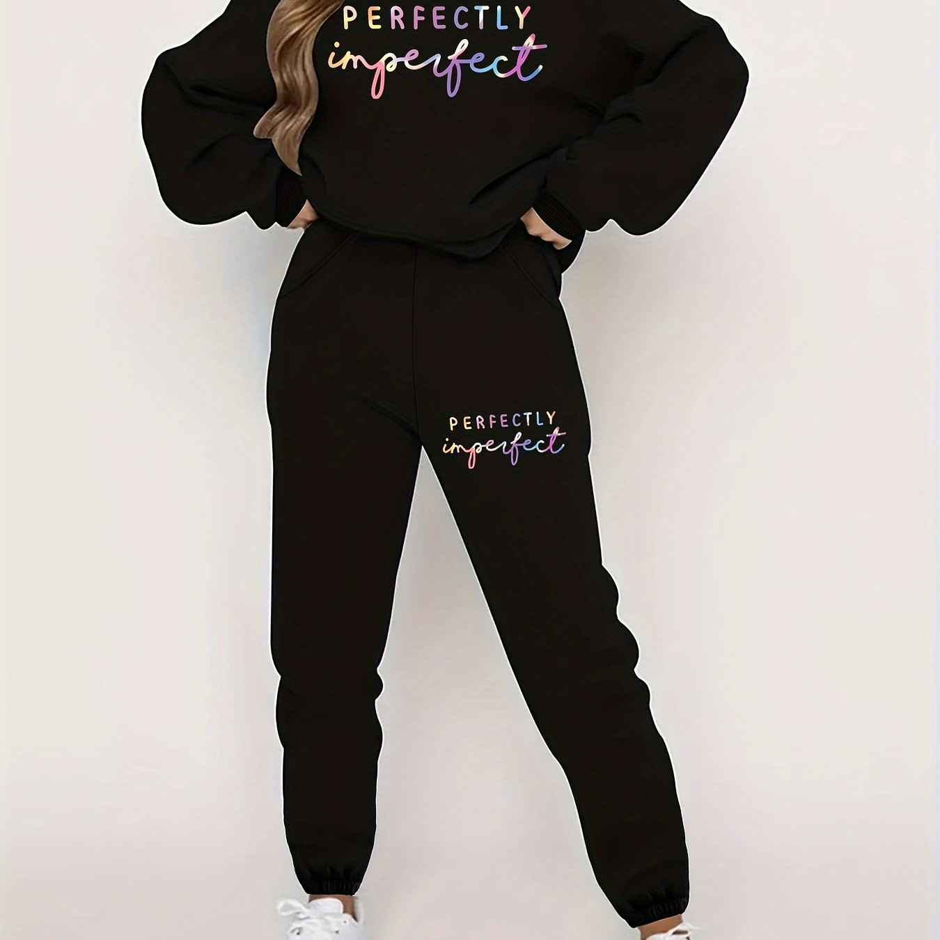 

Colorful Letter Print Two-piece Set, Long Sleeve Crew Neck Sweatshirt & Jogger Pants Outfits, Women's Clothing