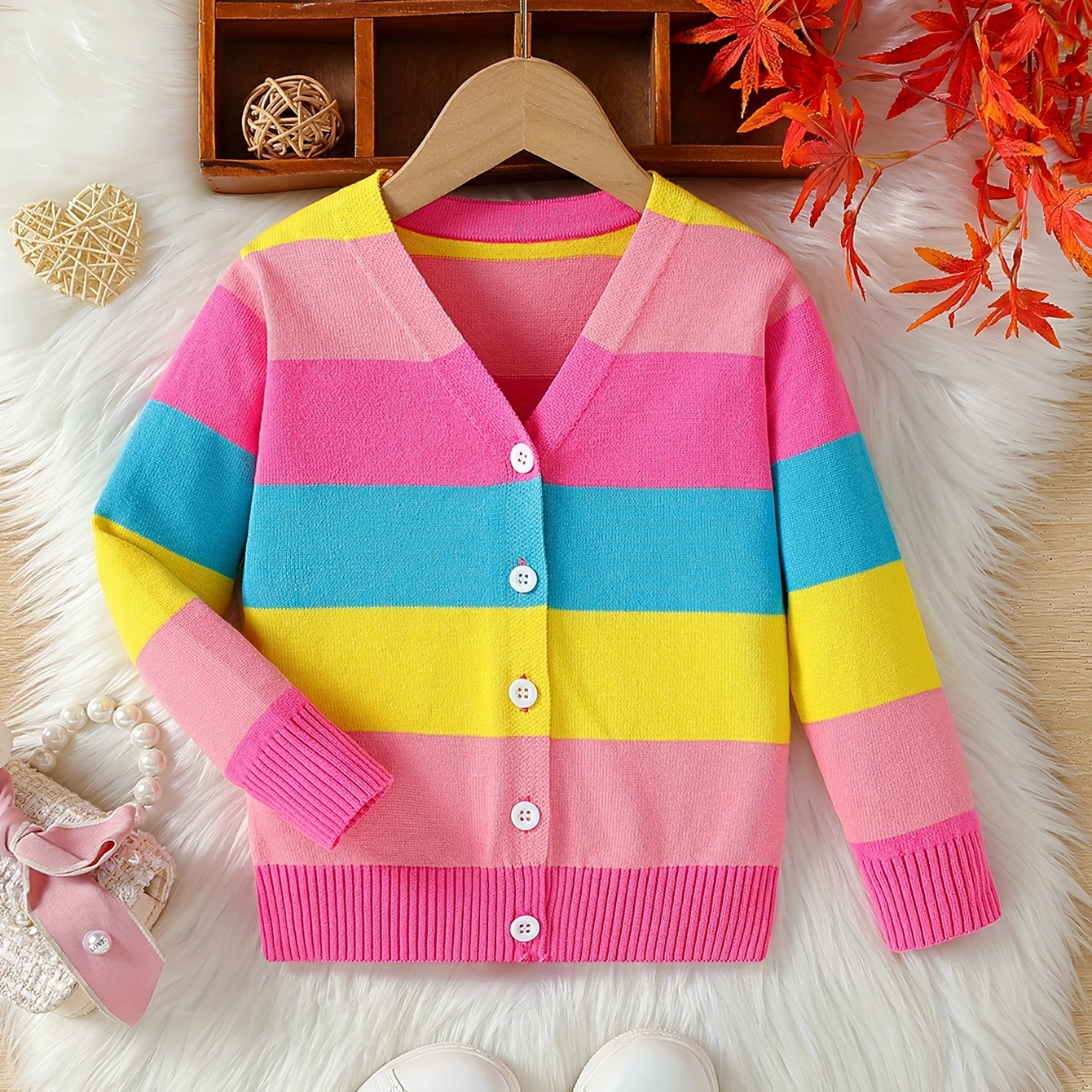 

Girls' Stylish Rainbow Pattern Thin Knitted Sweater Cardigan Coat For Fall Spring Outwear