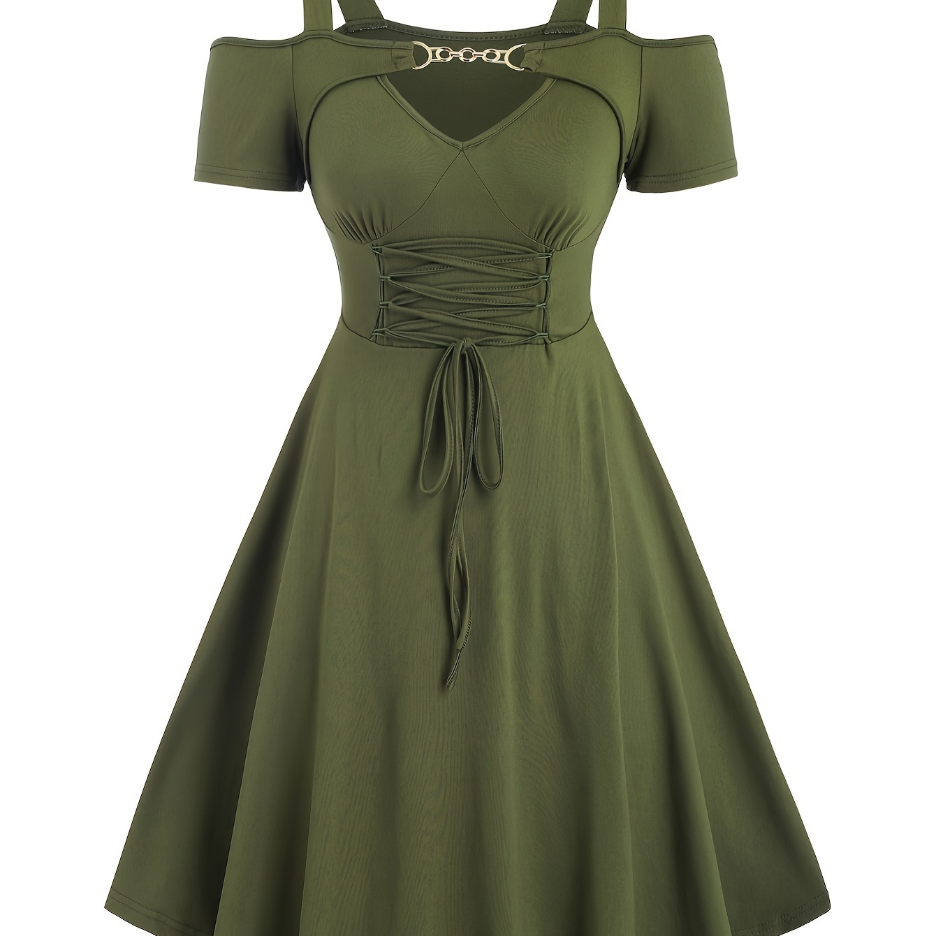 

Elegant -shoulder A-line Dress With Decorative Metal Ties - Casual Short Sleeve, Polyester & Spandex , Machine Washable - Spring/summer/fall Events