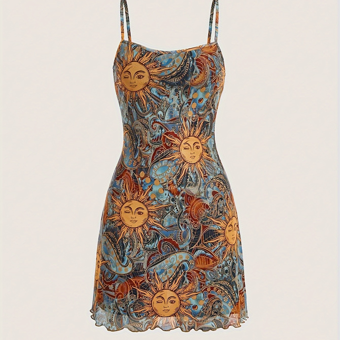 

Sun Print Spaghetti Strap Dress, Casual Lettuce Trim Sleeveless Cami Dress For Spring & Summer, Women's Clothing