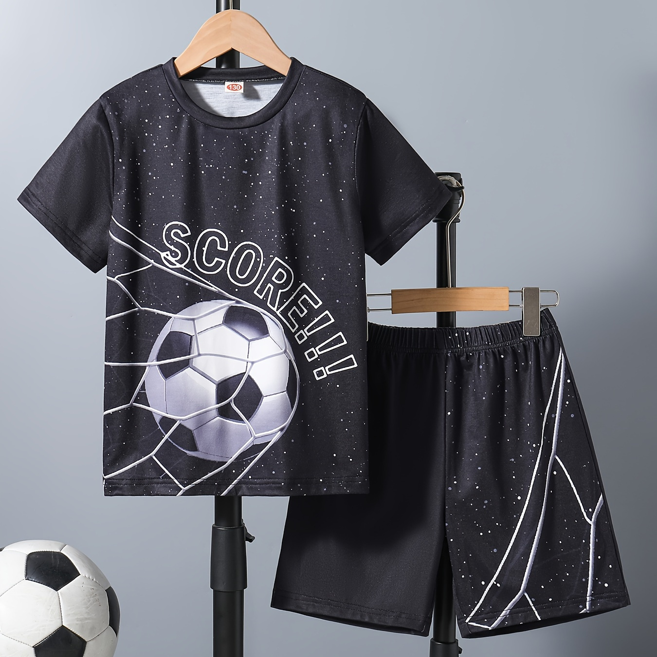 

2pcs Boys Casual Soccer Graphic Print Short Sleeve T-shirt & Shorts Set, Comfy Summer Boys Clothes