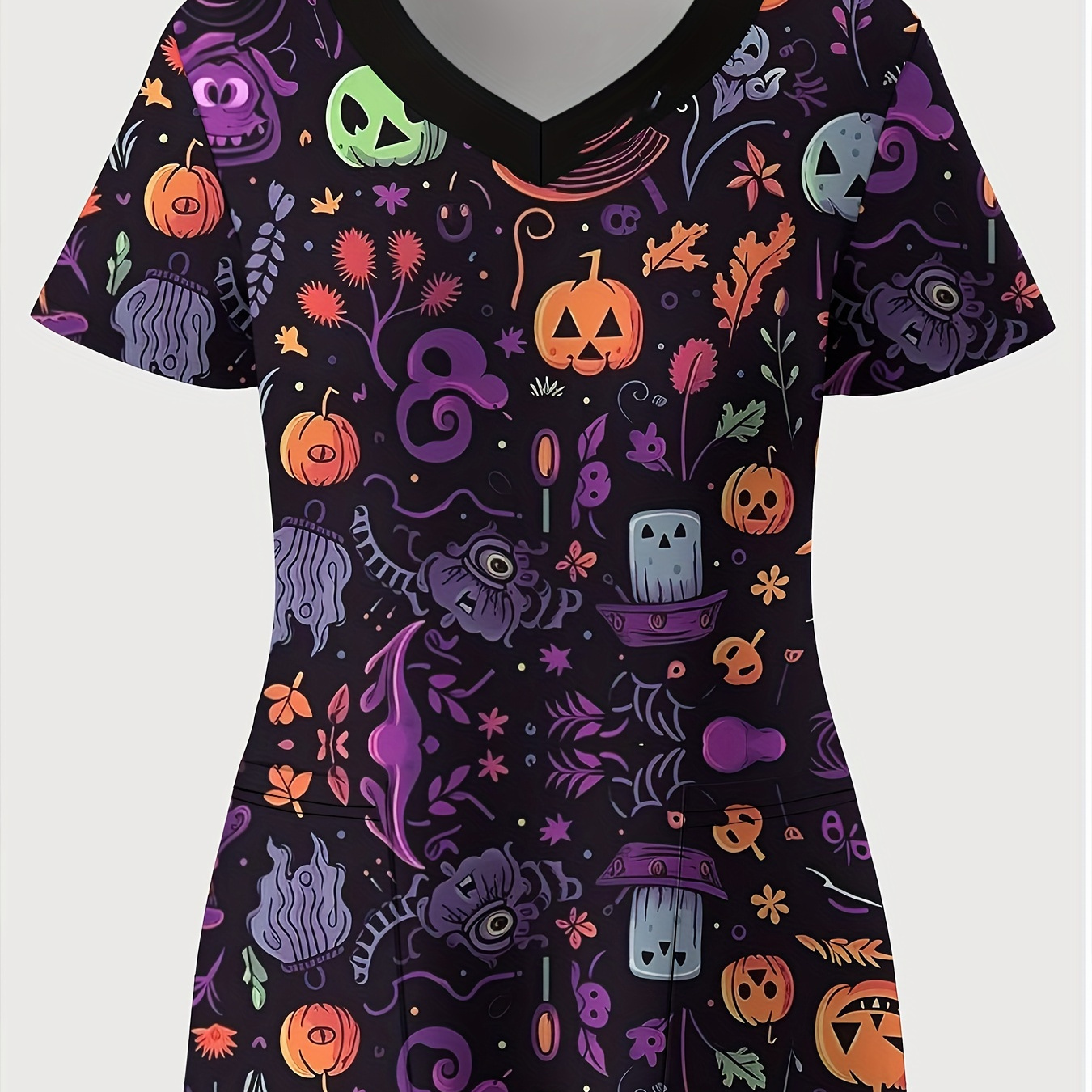 

Plus Size Halloween Print Stretchy Dual Pockets V-neck Top, Comfortable & Functional Health Care Short Sleeve Uniform For Nurse, Women's Plus Size Clothing