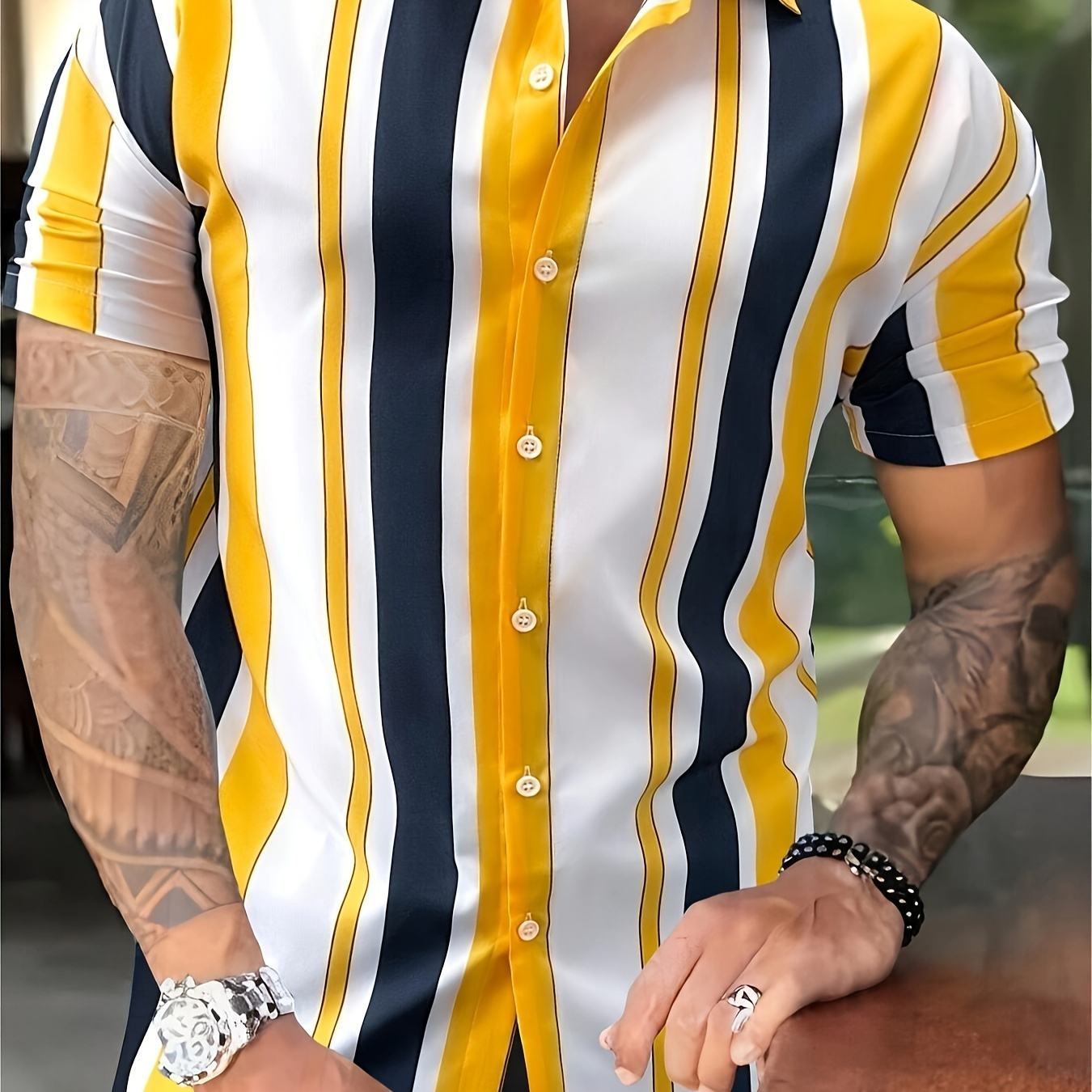 

Casual Color Block Striped Men's Short Sleeve Lapel Hawaiian Shirt (without T-shirt), Summer Holiday Top