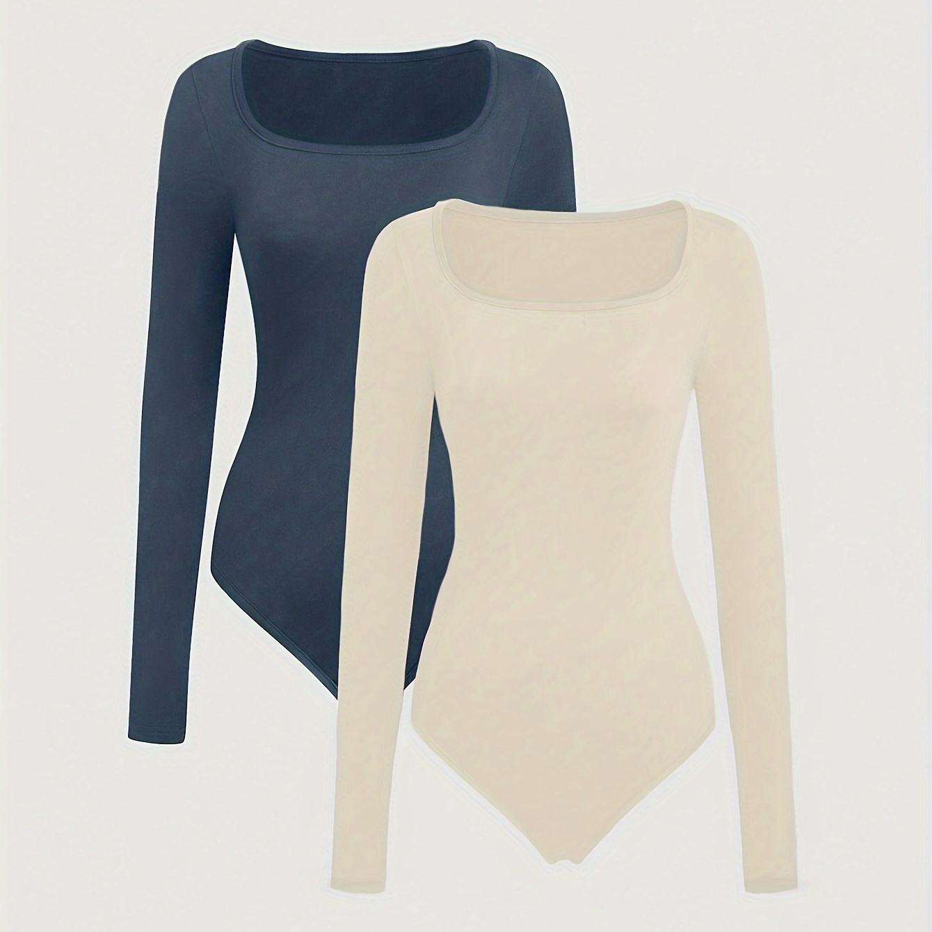 

Square Neck Slim Bodysuit 2 Pack, Solid Color Long Sleeve One-piece Bodysuit, Women's Clothing