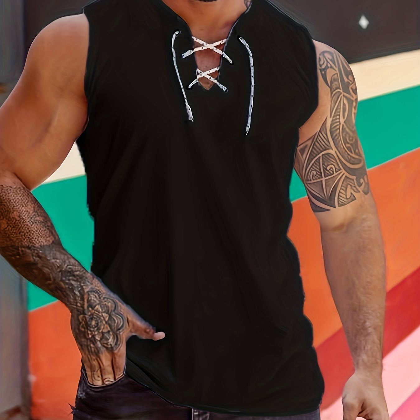 

Men's Shirts Fashion Tops Vintage Solid Color Tank Top Casual Sleeveless Vest Lace Up Tops Pullover For Summer Gym Fitness