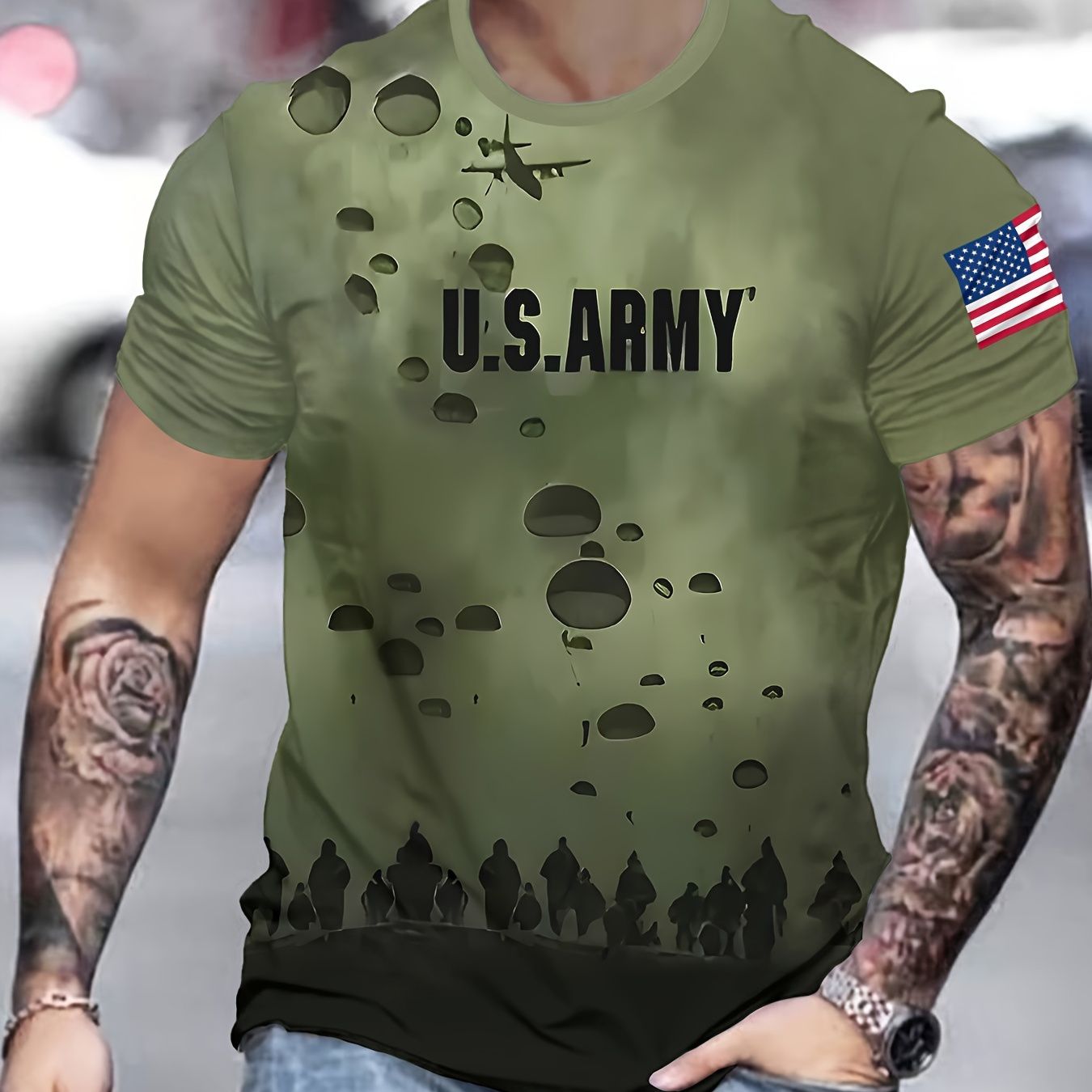 

Men's 3d Printed Themed Casual T-shirt With American Flag Patch - Polyester Knit Fabric, Round Neck, Regular Fit