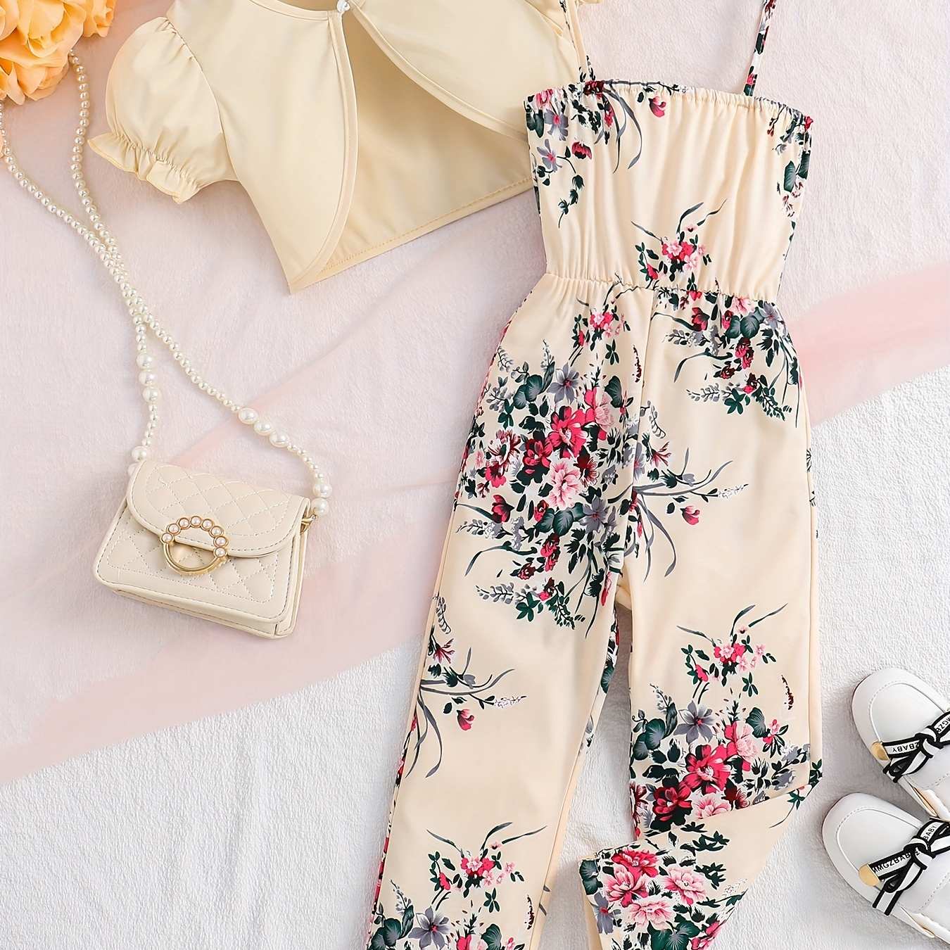 

Girls 2pcs Camisole Jumpsuit Onesie & Puff Short Sleeve Coat Set Floral Print Elegant Casual Kid Clothes Summer
