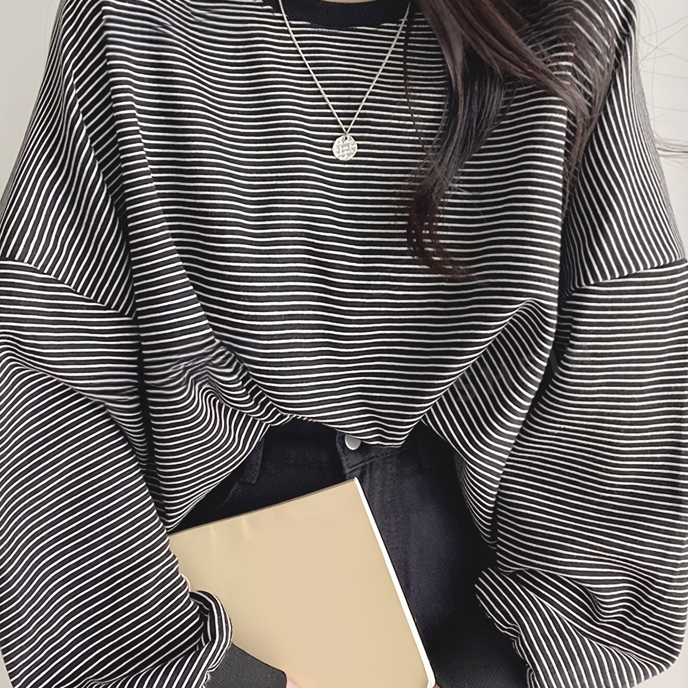 

Stripe Print Pullover Sweatshirt, Casual Long Sleeve Crew Neck Drop Shoulder Sweatshirt For Fall & Winter, Women's Clothing